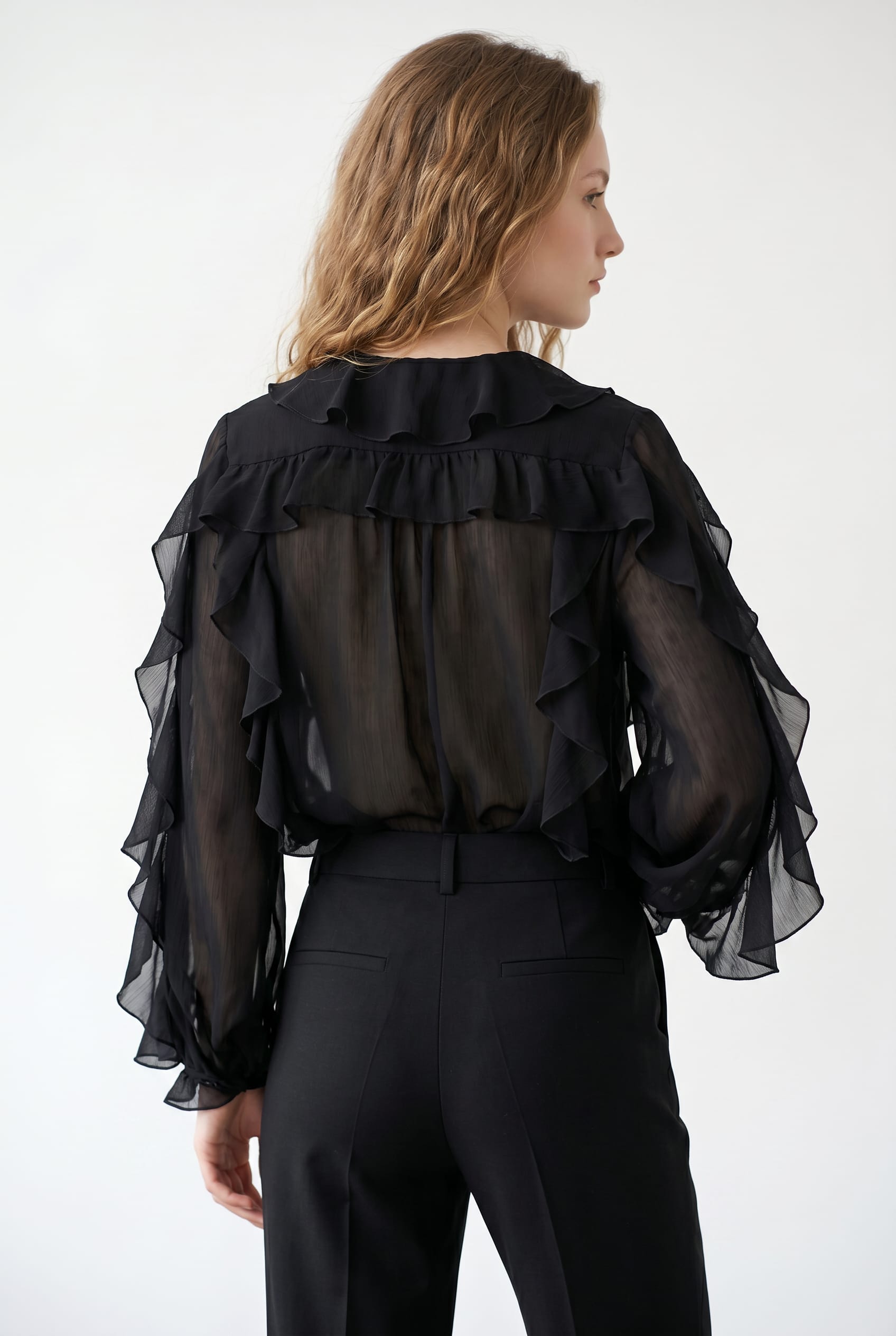 Black Sheer Ruffled Long Sleeve Blouse