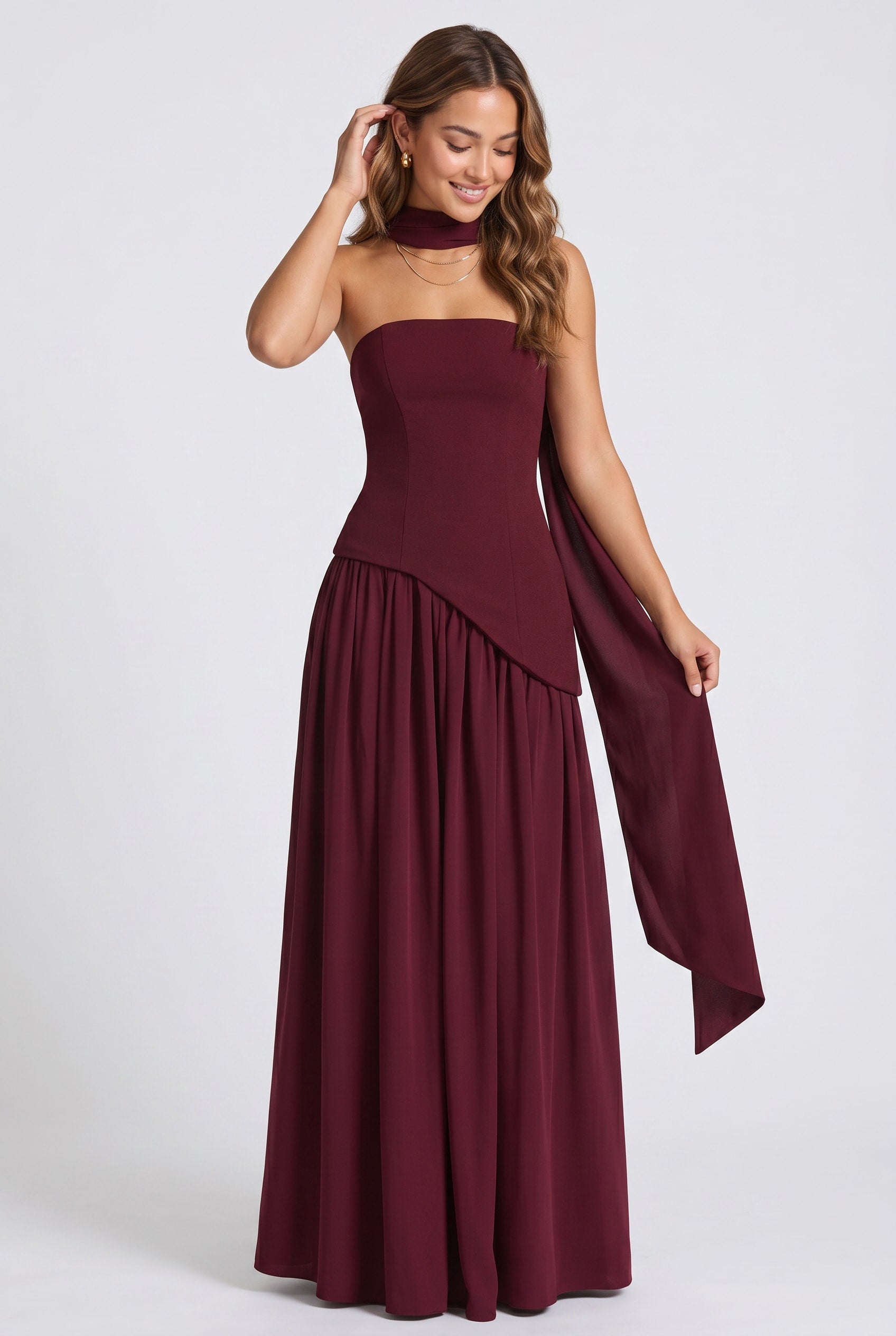 Burgundy Strapless Cape Detail Maxi Dress
