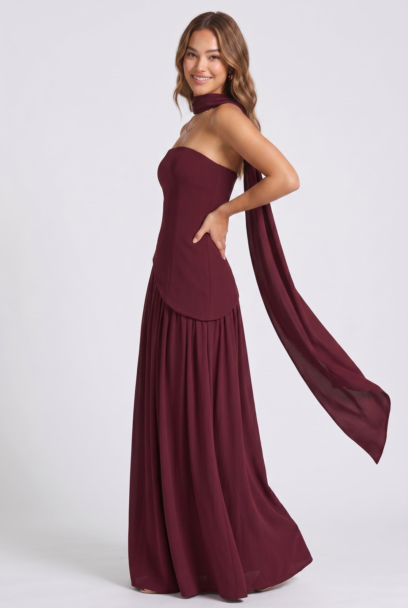 Burgundy Strapless Cape Detail Maxi Dress