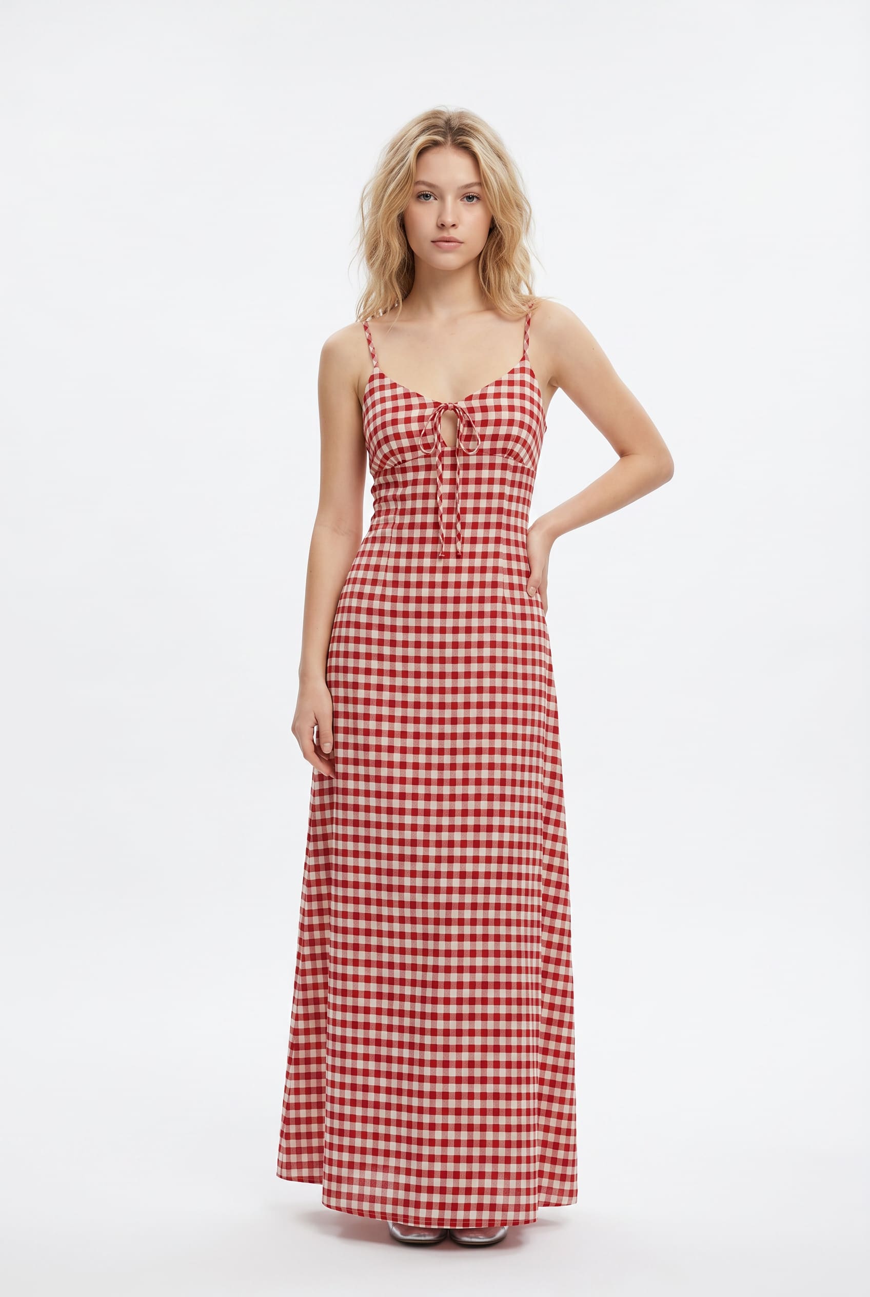 Red Gingham Lace-Up Maxi Dress