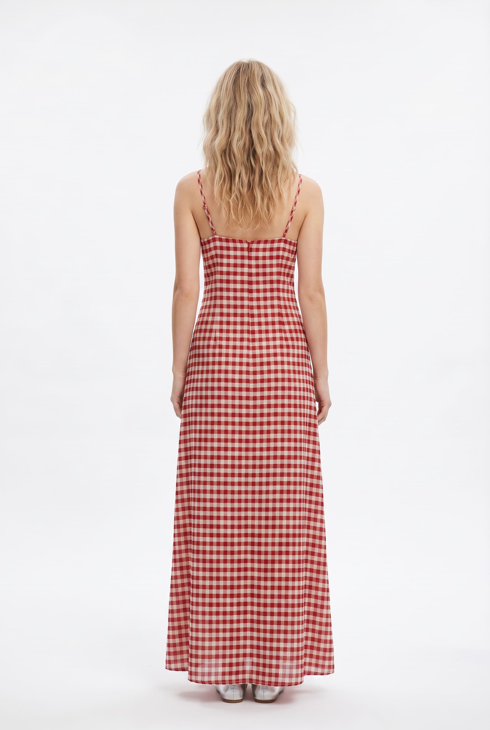 Red Gingham Lace-Up Maxi Dress
