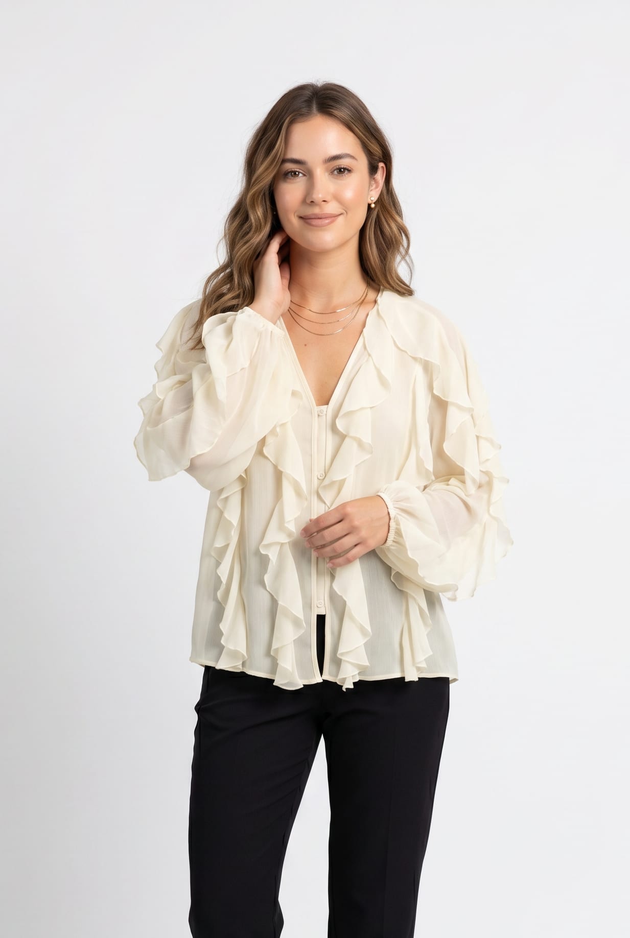 Cream Ruffled Button-Front Blouse