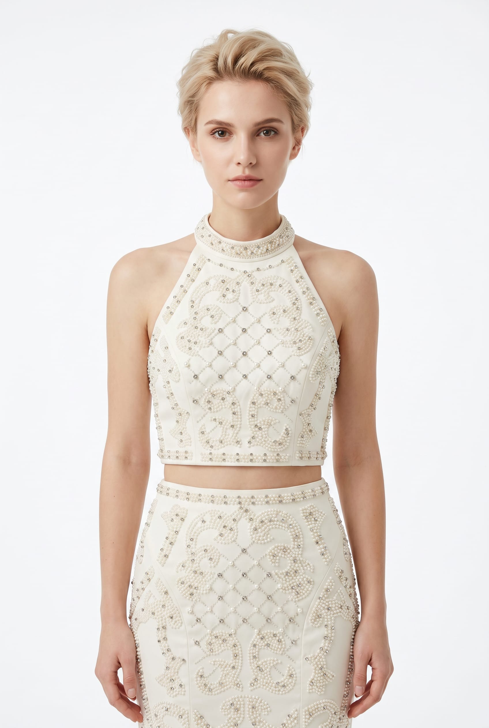 Ivory Embellished Halter Crop Top