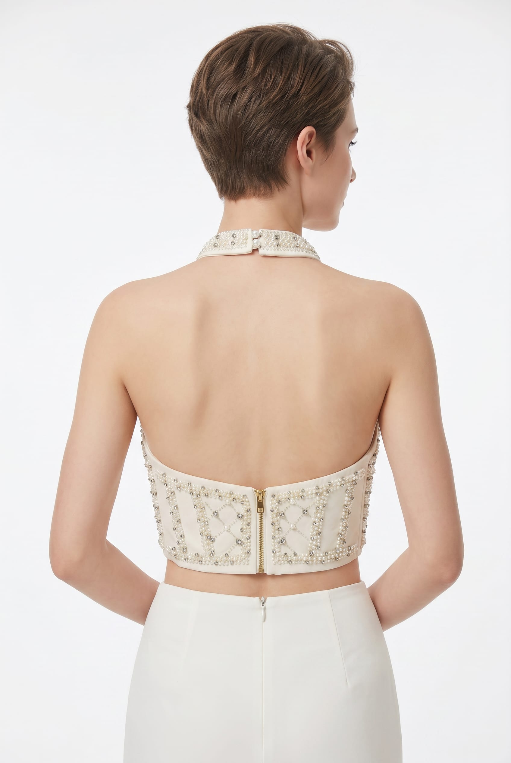 Ivory Embellished Halter Crop Top