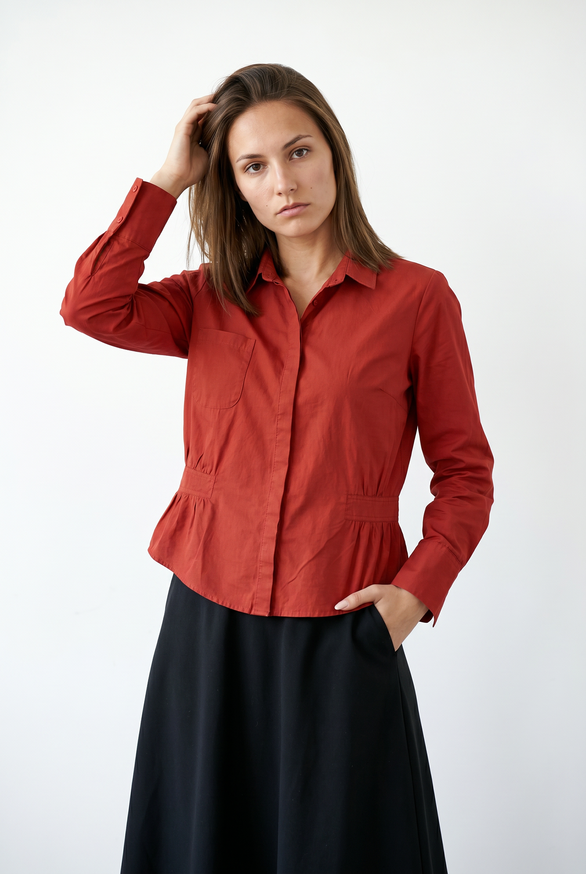 Rust Red Cotton Peplum Shirt