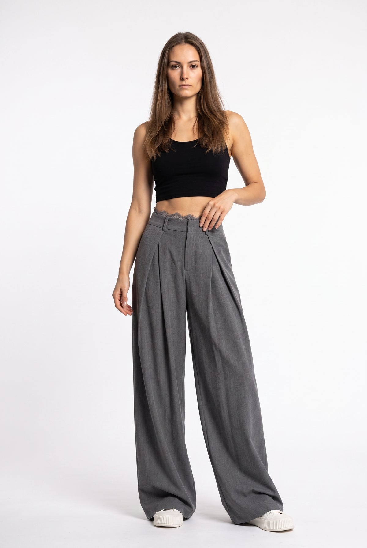 Gray Wide Leg Tailored Trousers