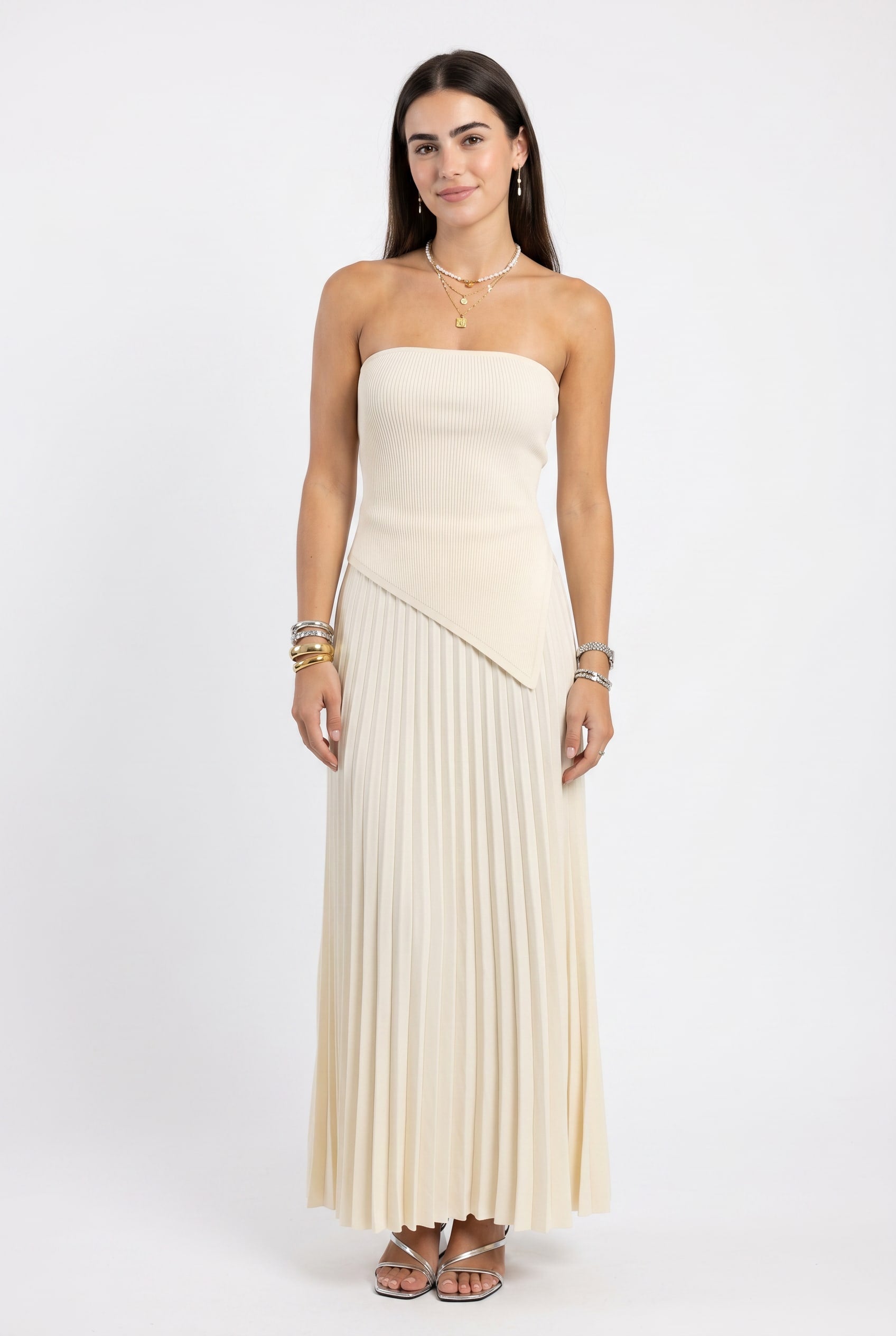 Cream Ribbed Strapless Pleated Maxi Dress