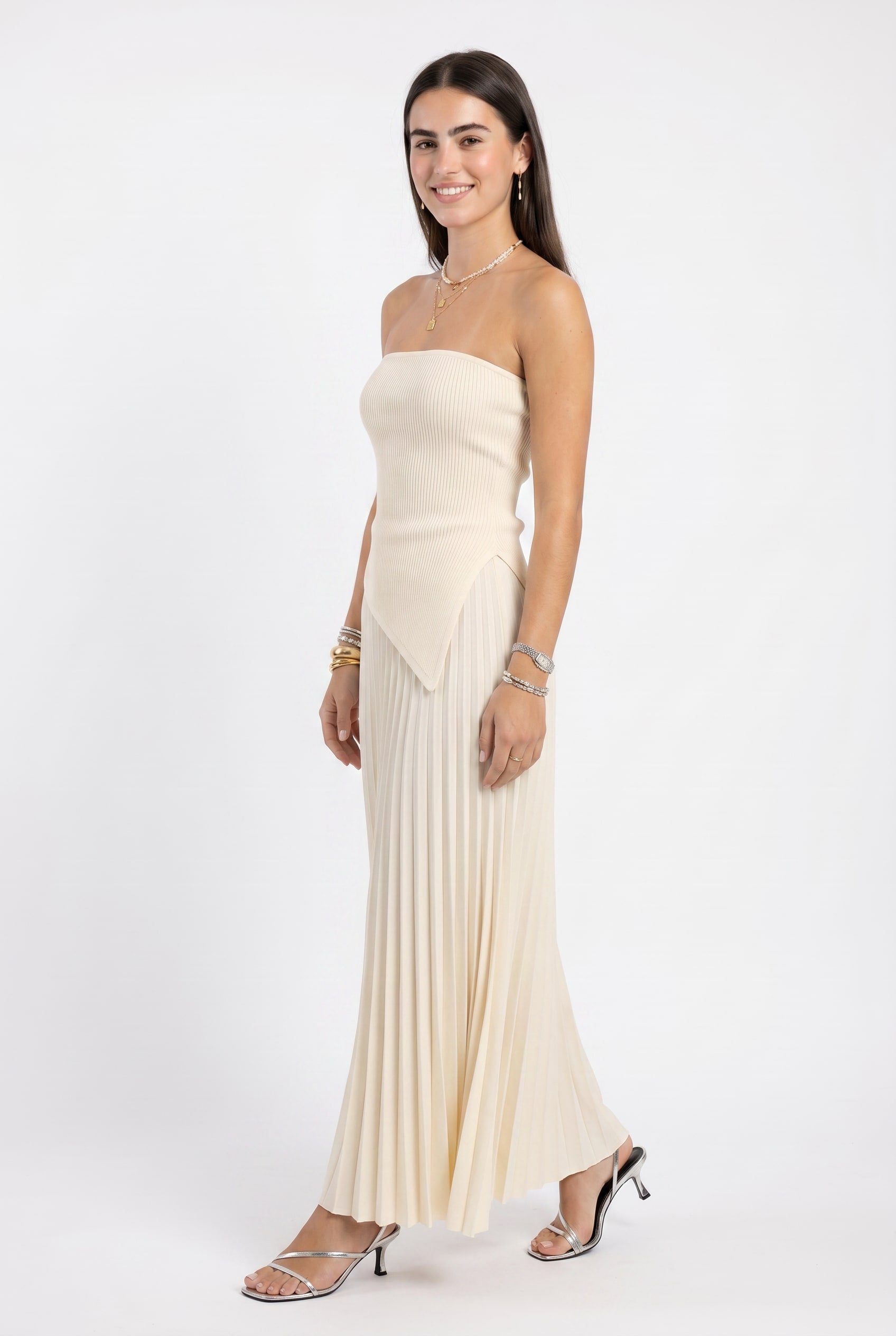 Cream Ribbed Strapless Pleated Maxi Dress