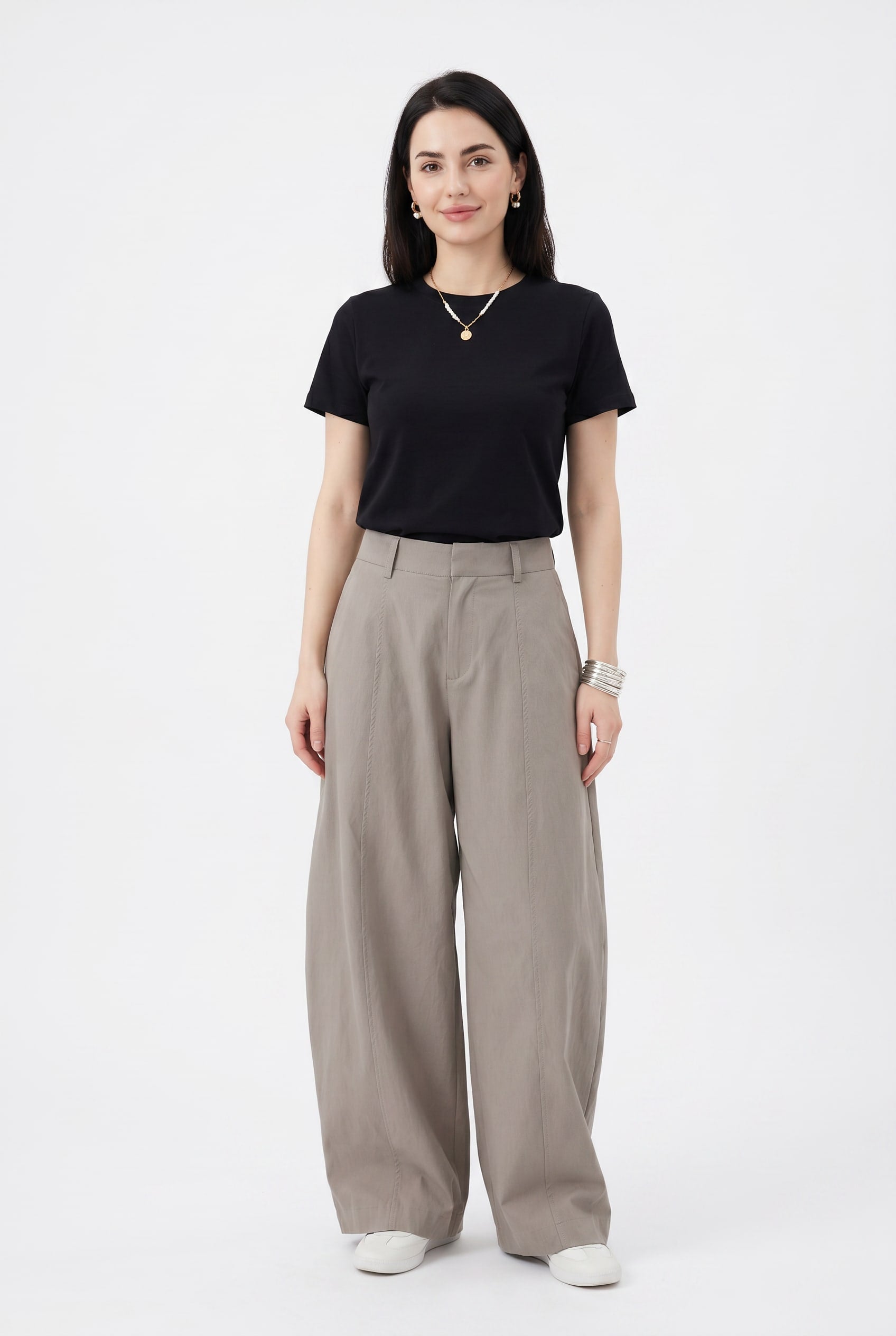 Taupe Wide-Leg Pleated Trousers