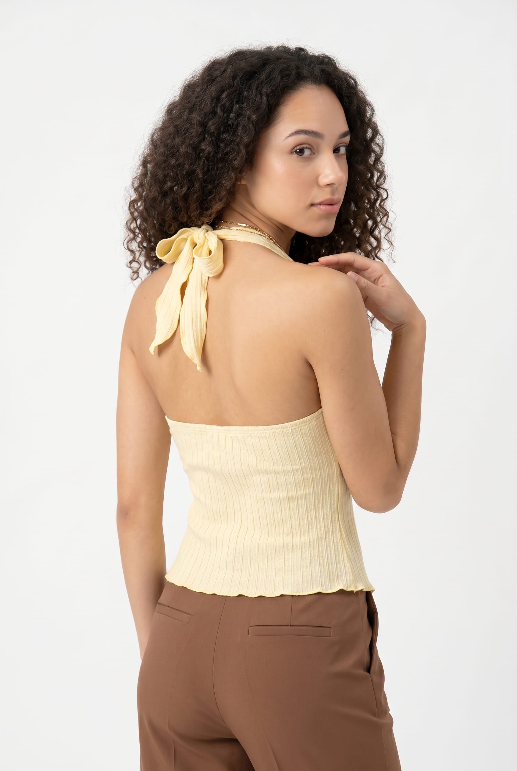 Butter Yellow Halter Twist Front Top