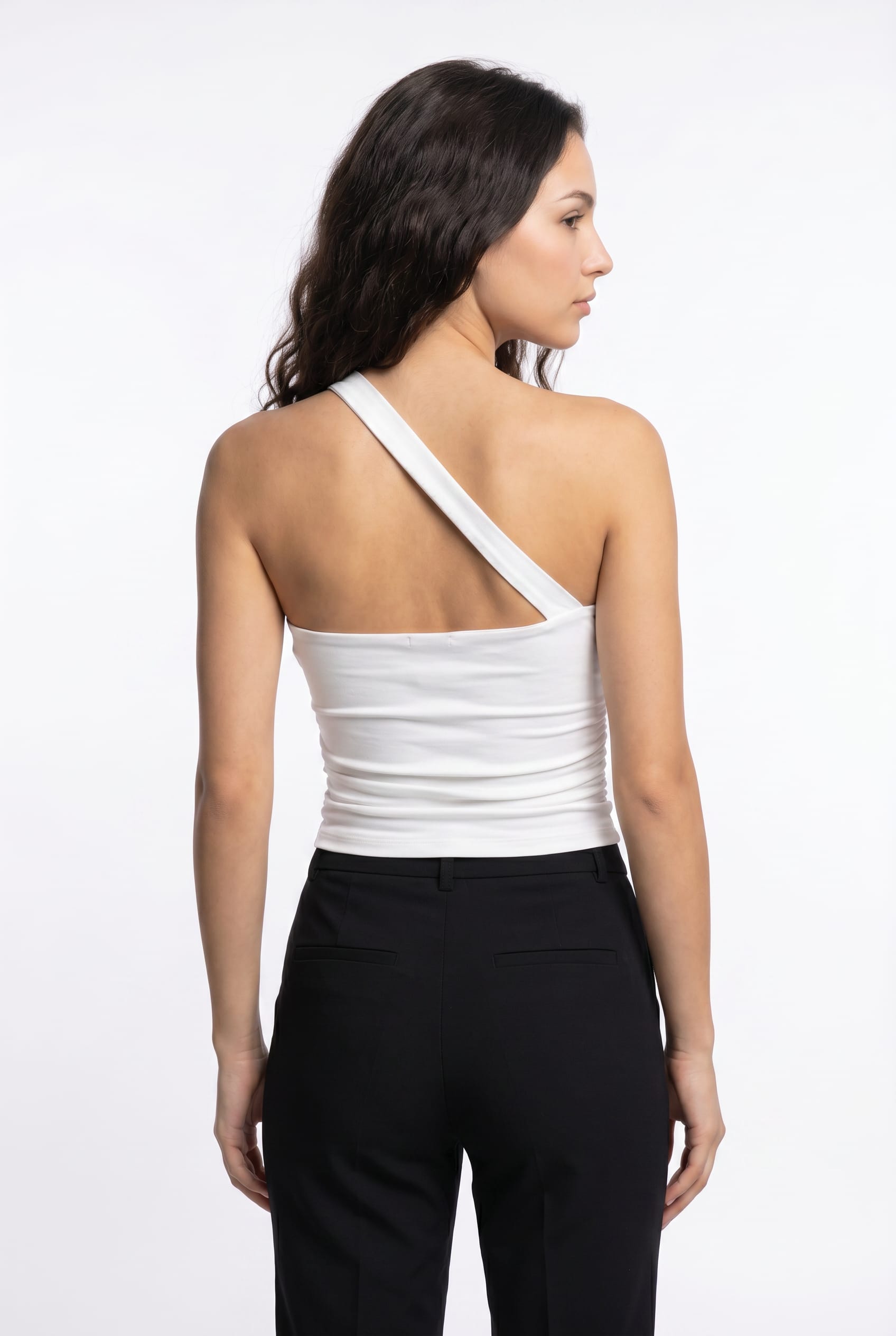 White Asymmetric One-Shoulder Ruched Top