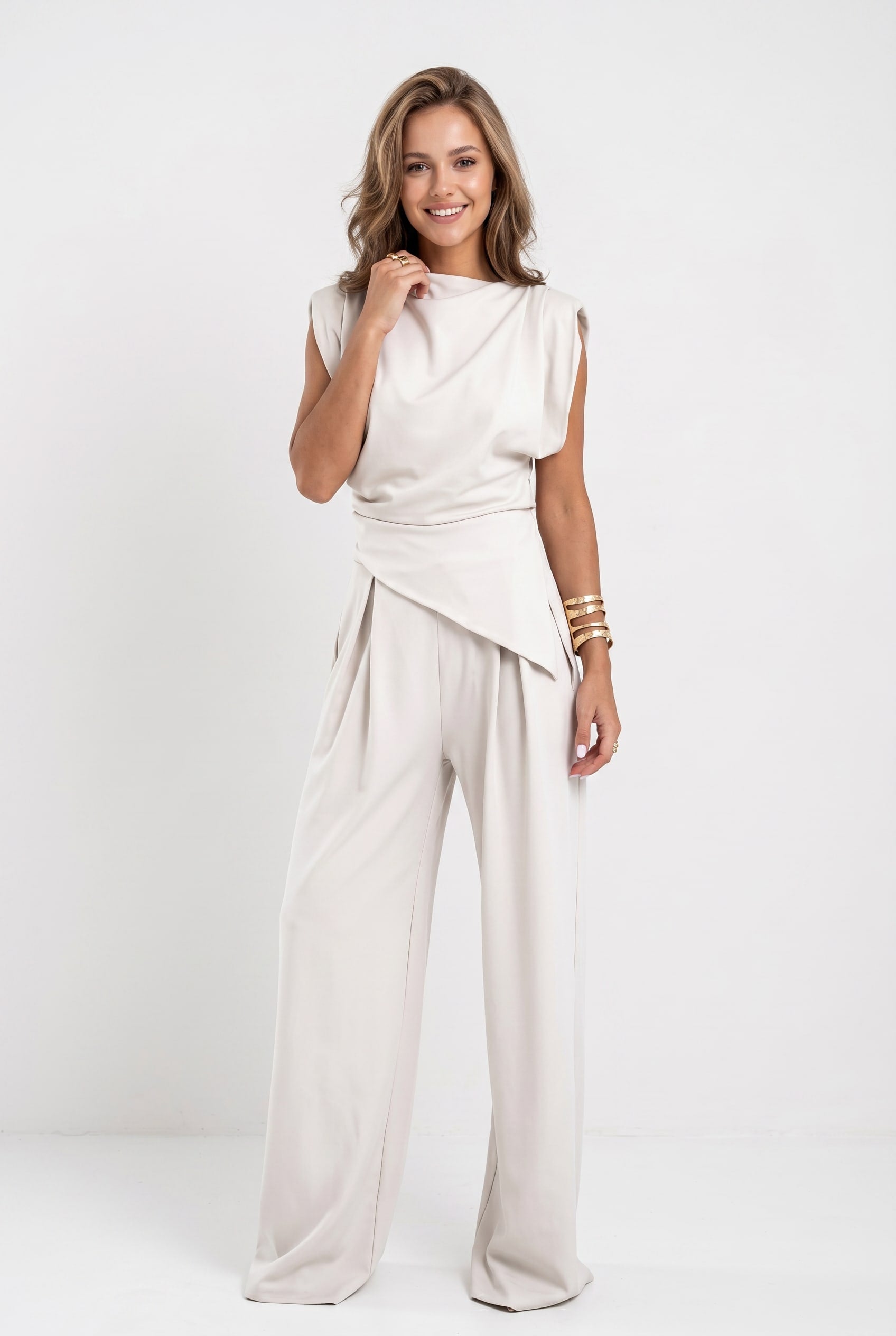 Cream Shoulder Pad Wide Leg Co-ord Set