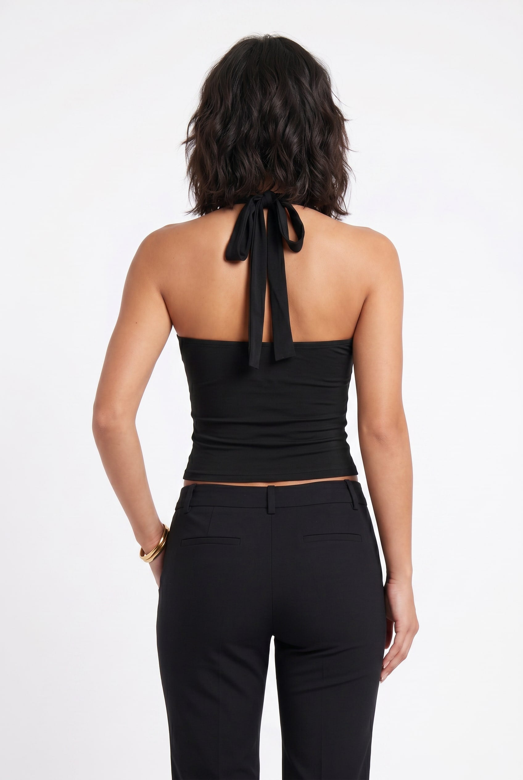 Black Halter Tie-Front Ruched Top