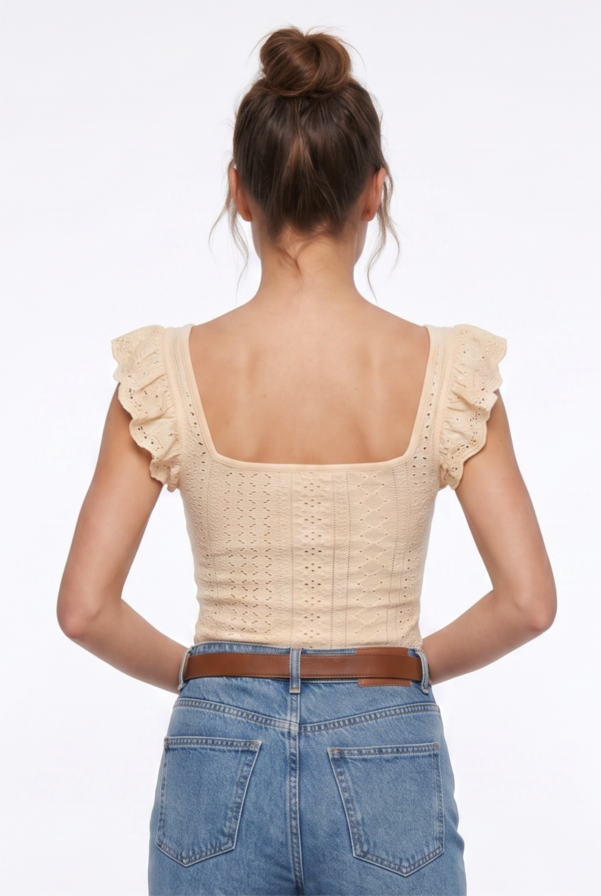 Beige Eyelet Ruffle Sleeve Bodysuit