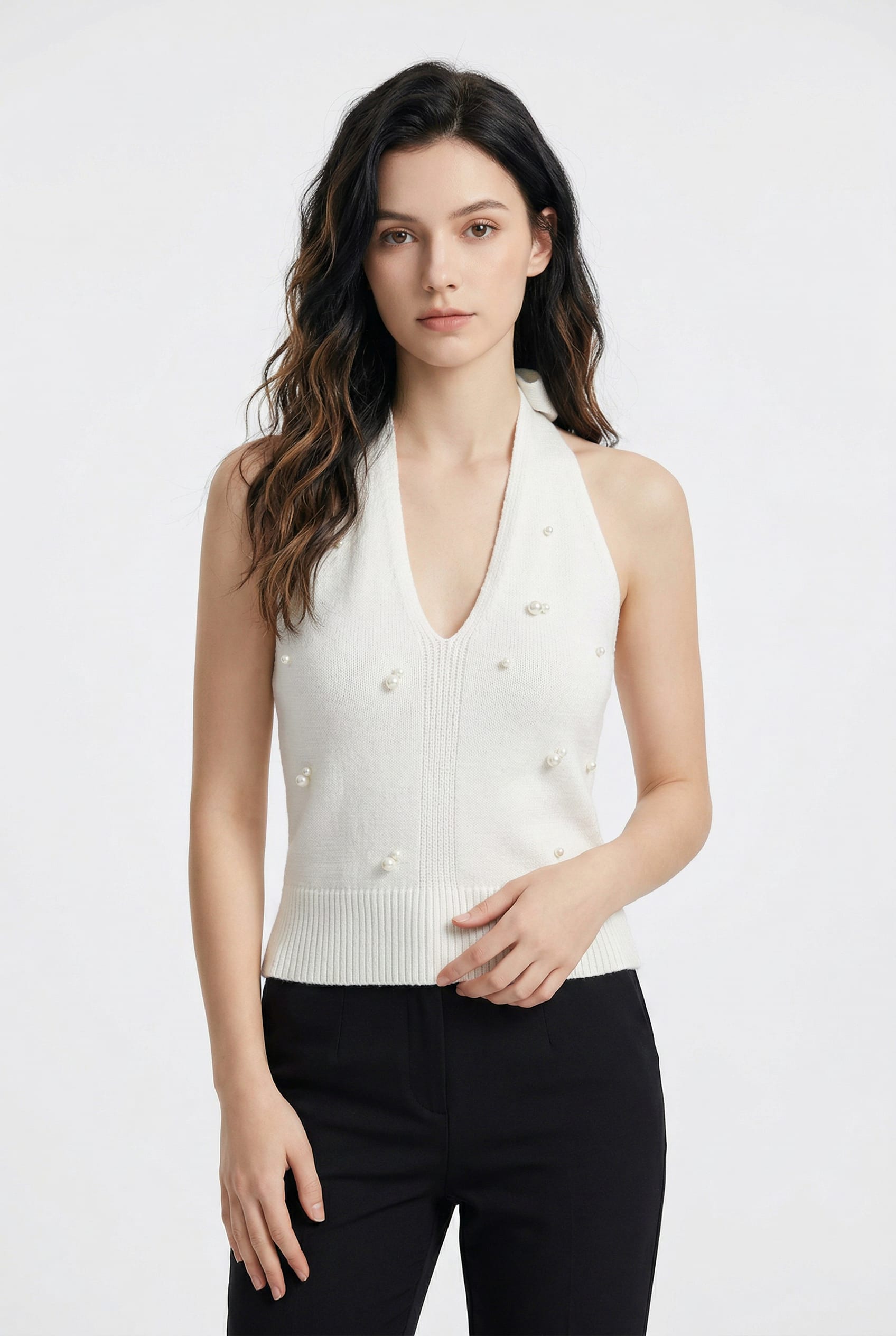 Ivory Pearl Embellished Halter Knit Top