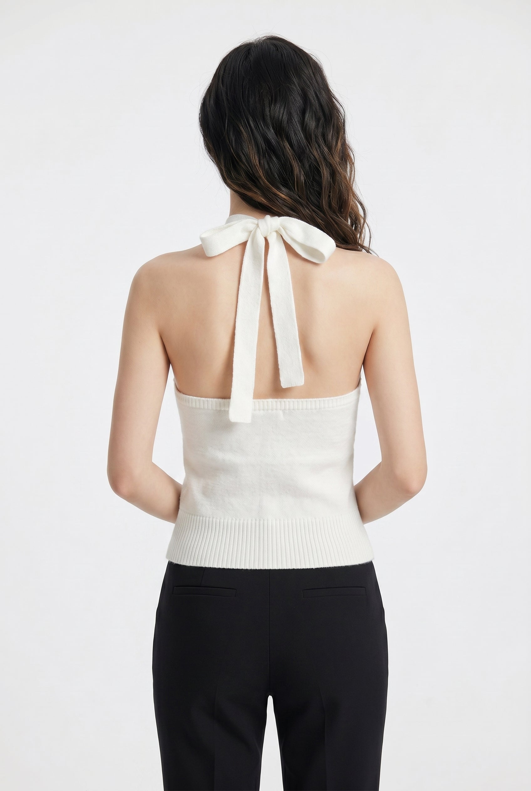 Ivory Pearl Embellished Halter Knit Top