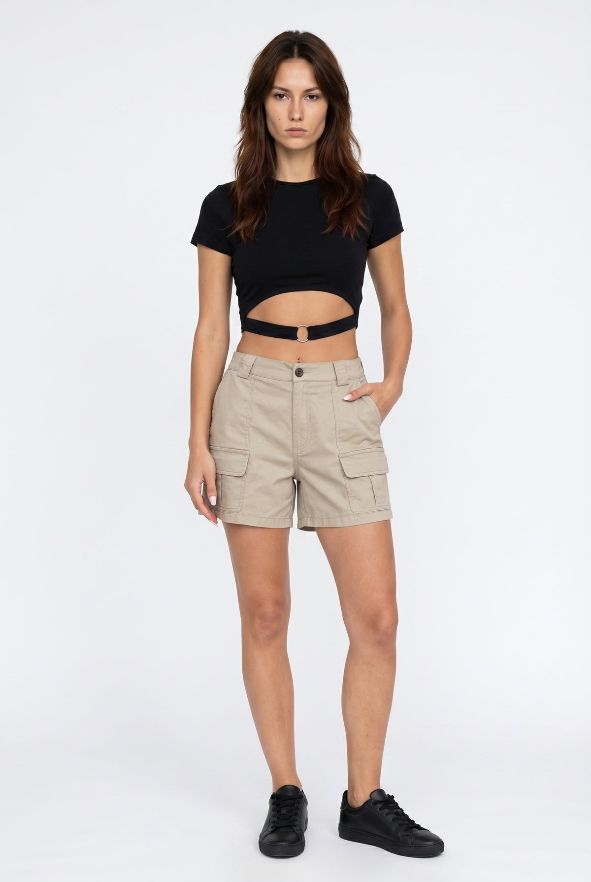 Beige High-Waist Cargo Shorts