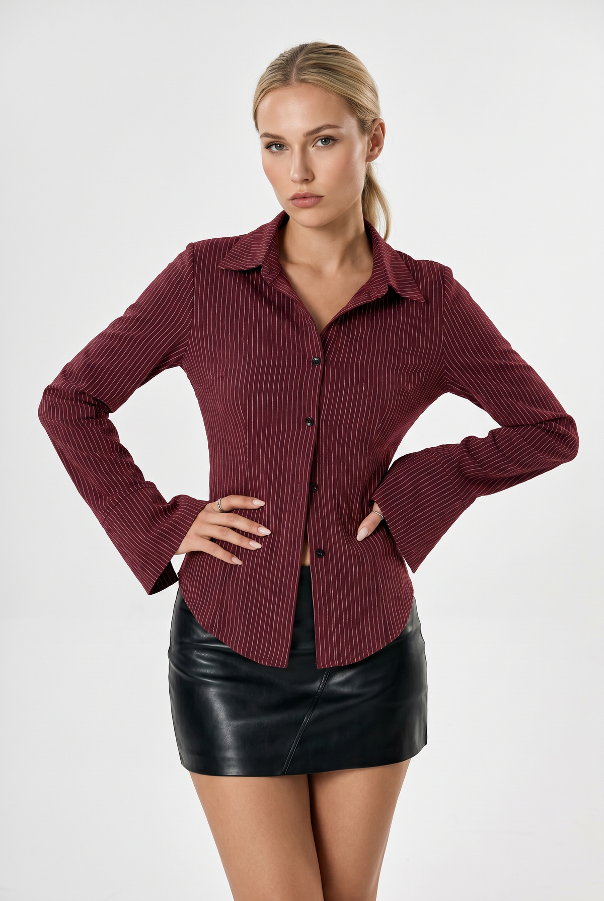 Burgundy Pinstripe Flared Cuff Shirt
