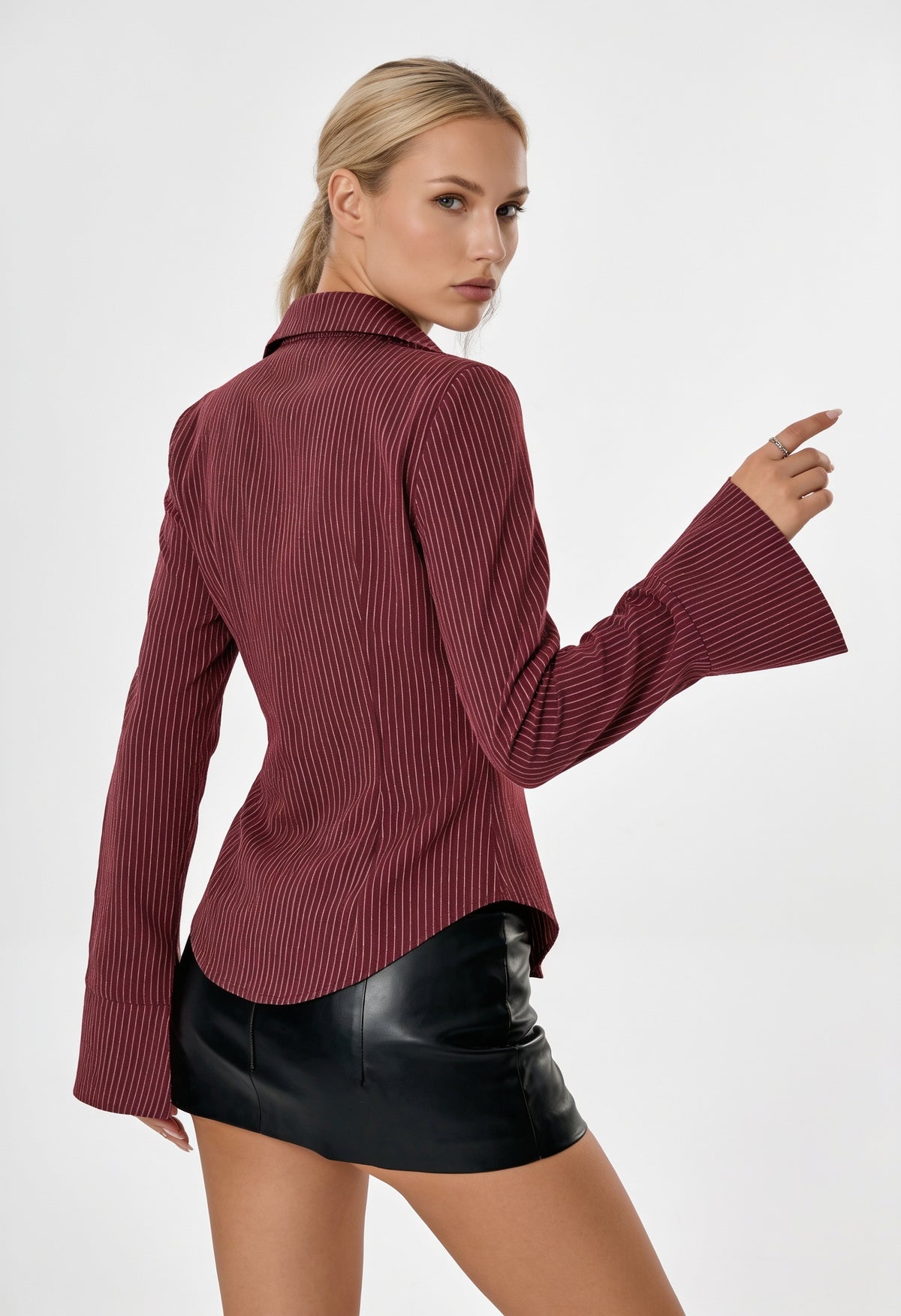 Burgundy Pinstripe Flared Cuff Shirt