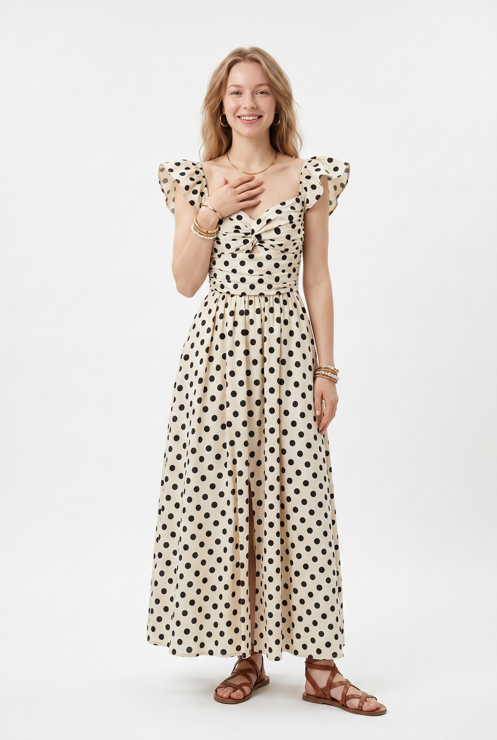 Cream Polka Dot Ruffle Maxi Dress