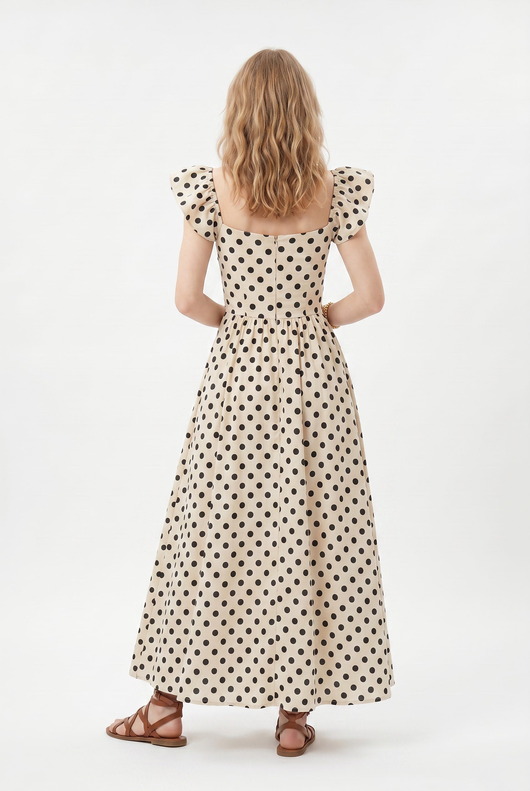 Cream Polka Dot Ruffle Maxi Dress