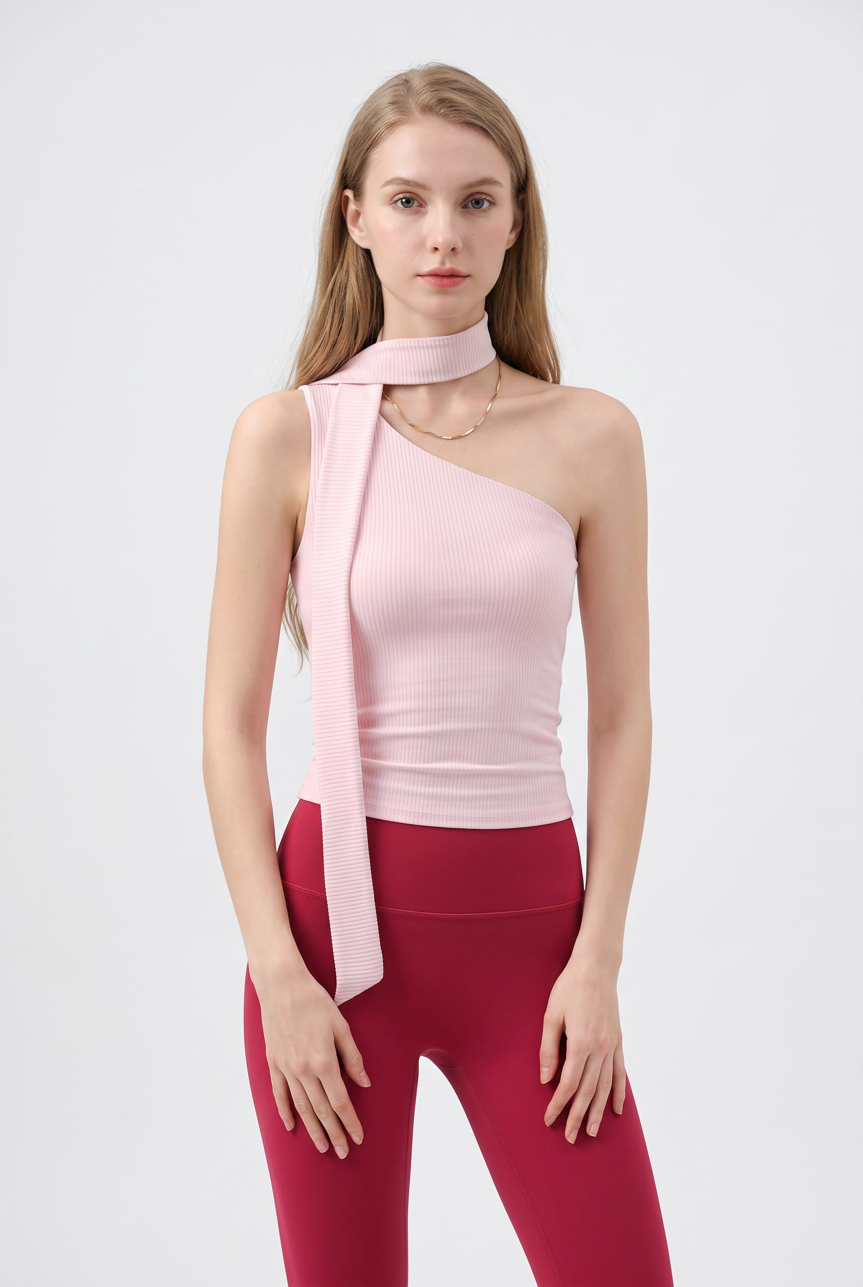 Blush Pink Asymmetric Scarf Neck Top