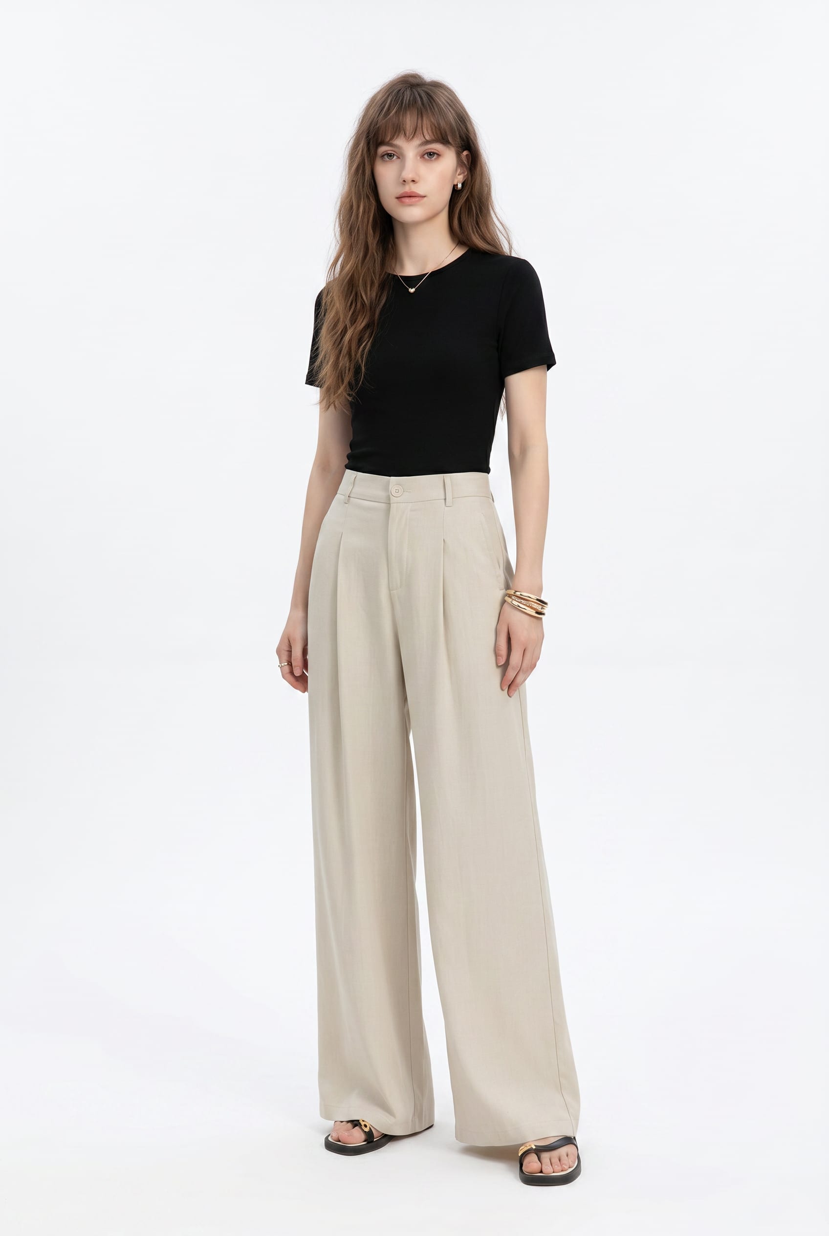 Beige High-Waisted Wide Leg Trousers