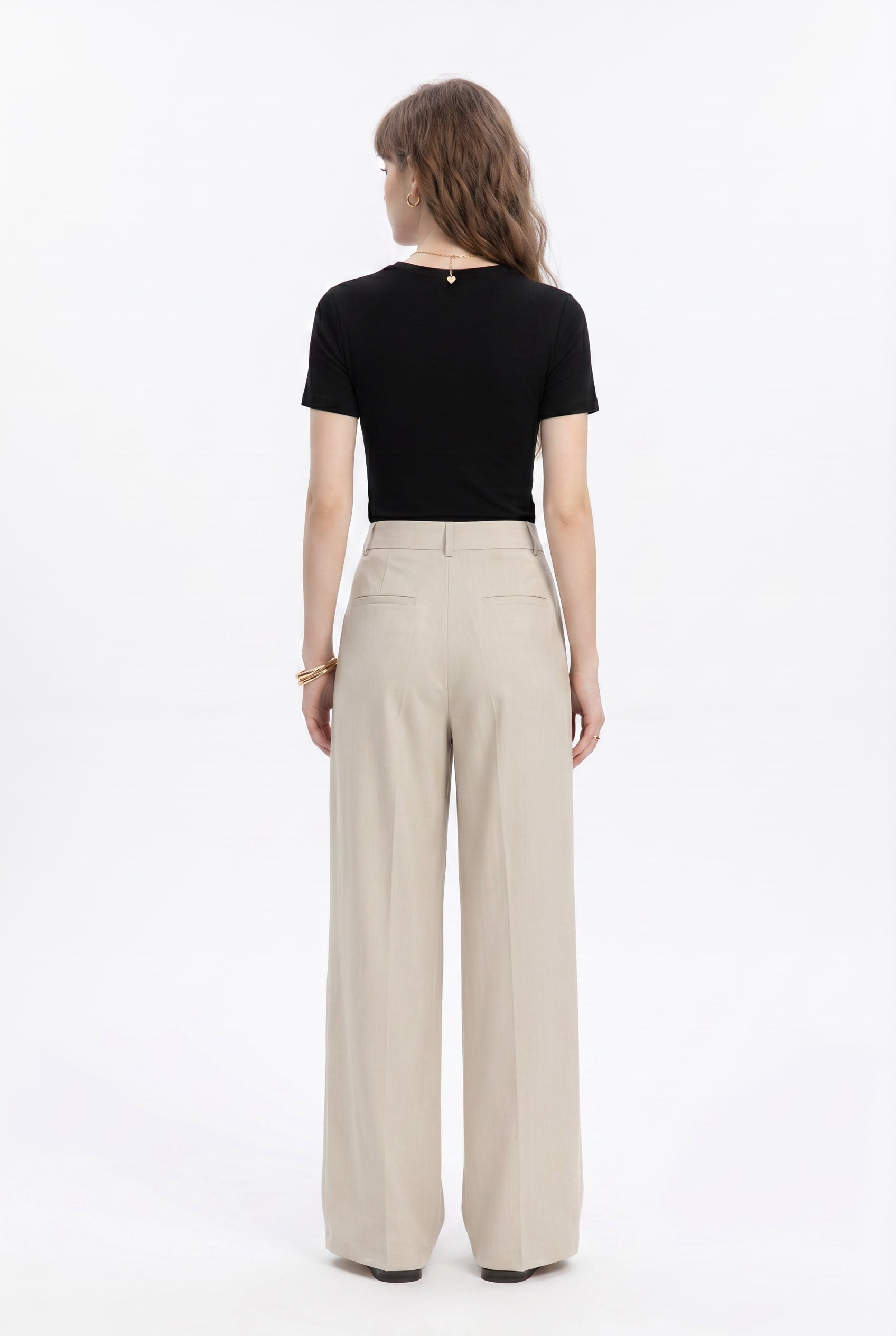 Beige High-Waisted Wide Leg Trousers