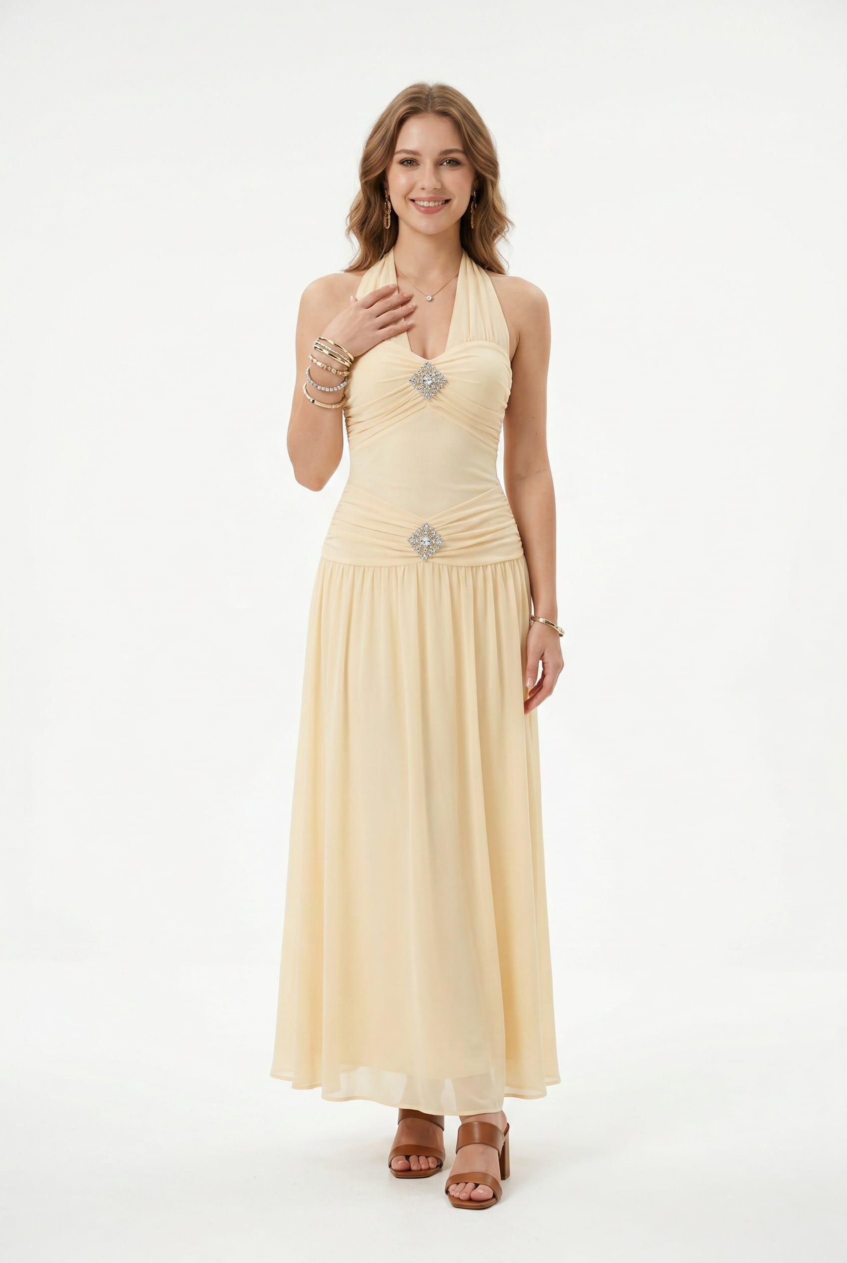 Champagne Halter Embellished Maxi Dress
