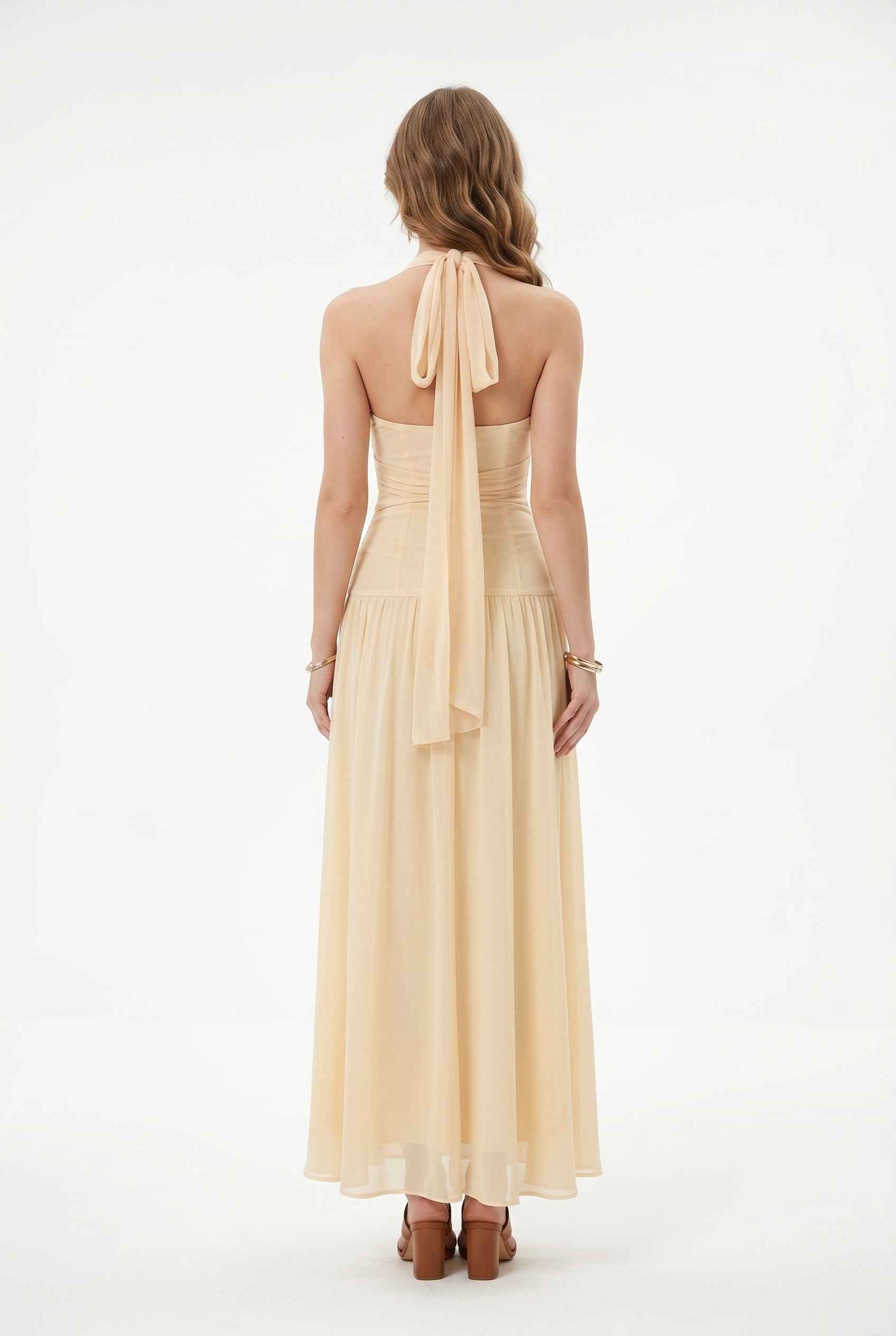 Champagne Halter Embellished Maxi Dress