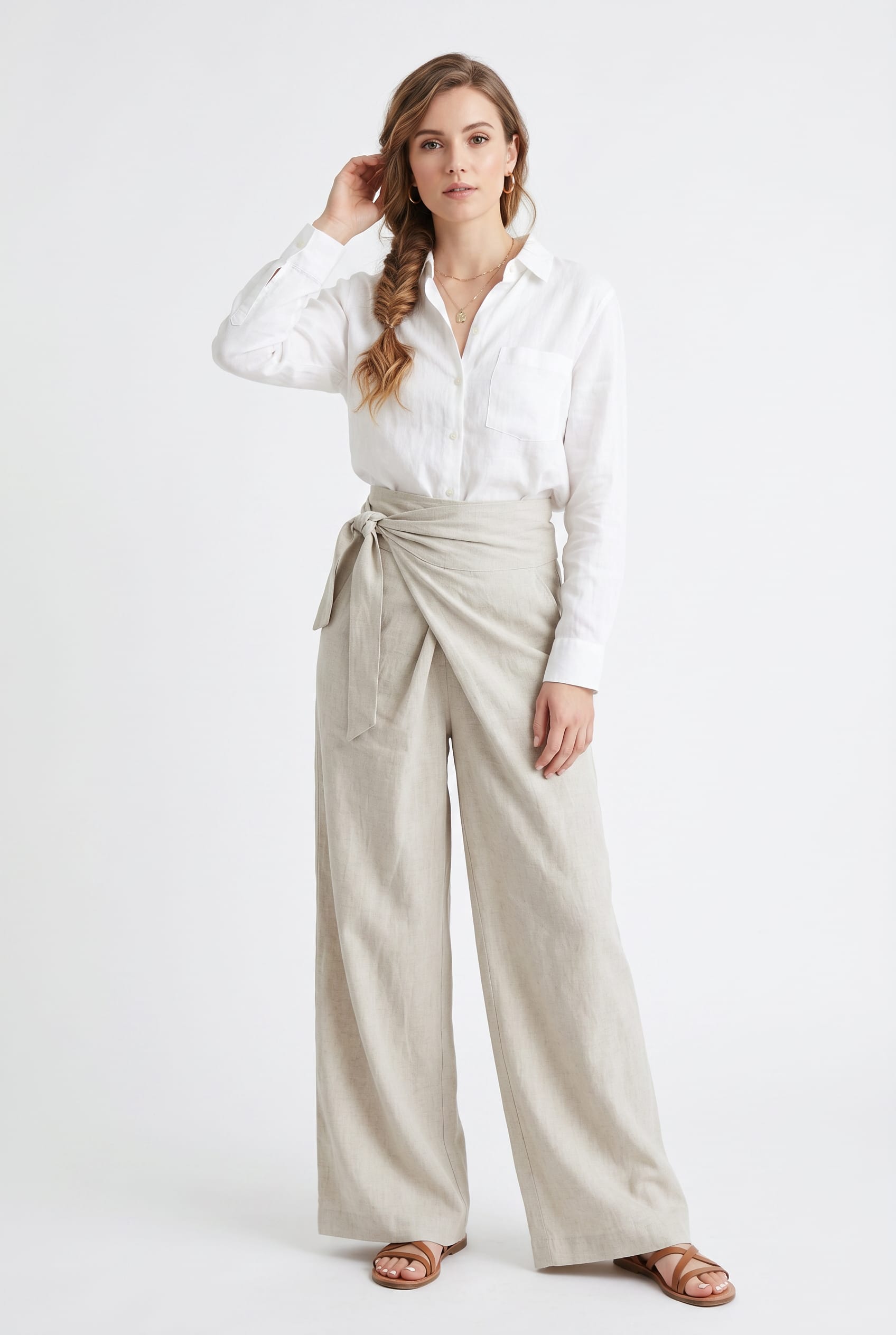 Oatmeal Linen Wide Leg Wrap Trousers