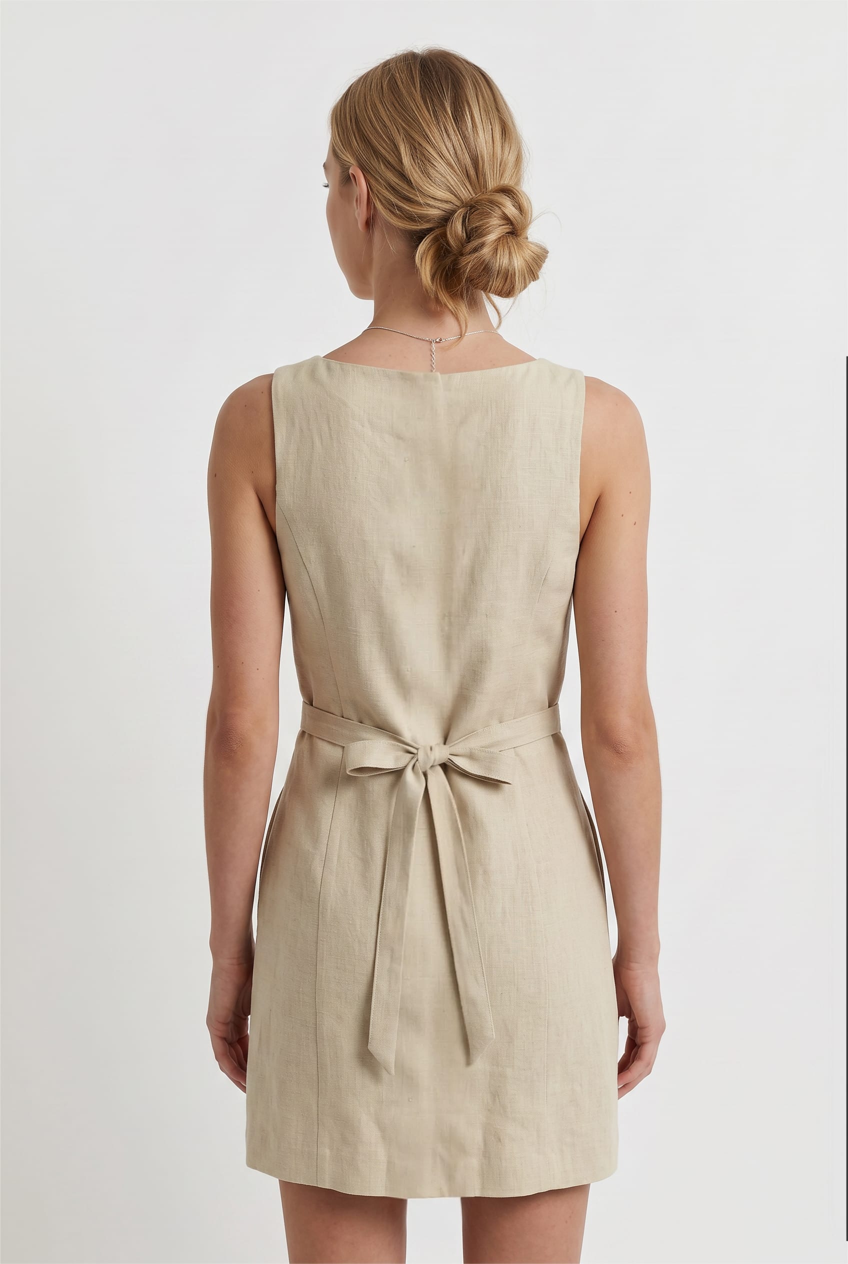 Beige Linen Button-Front Mini Dress