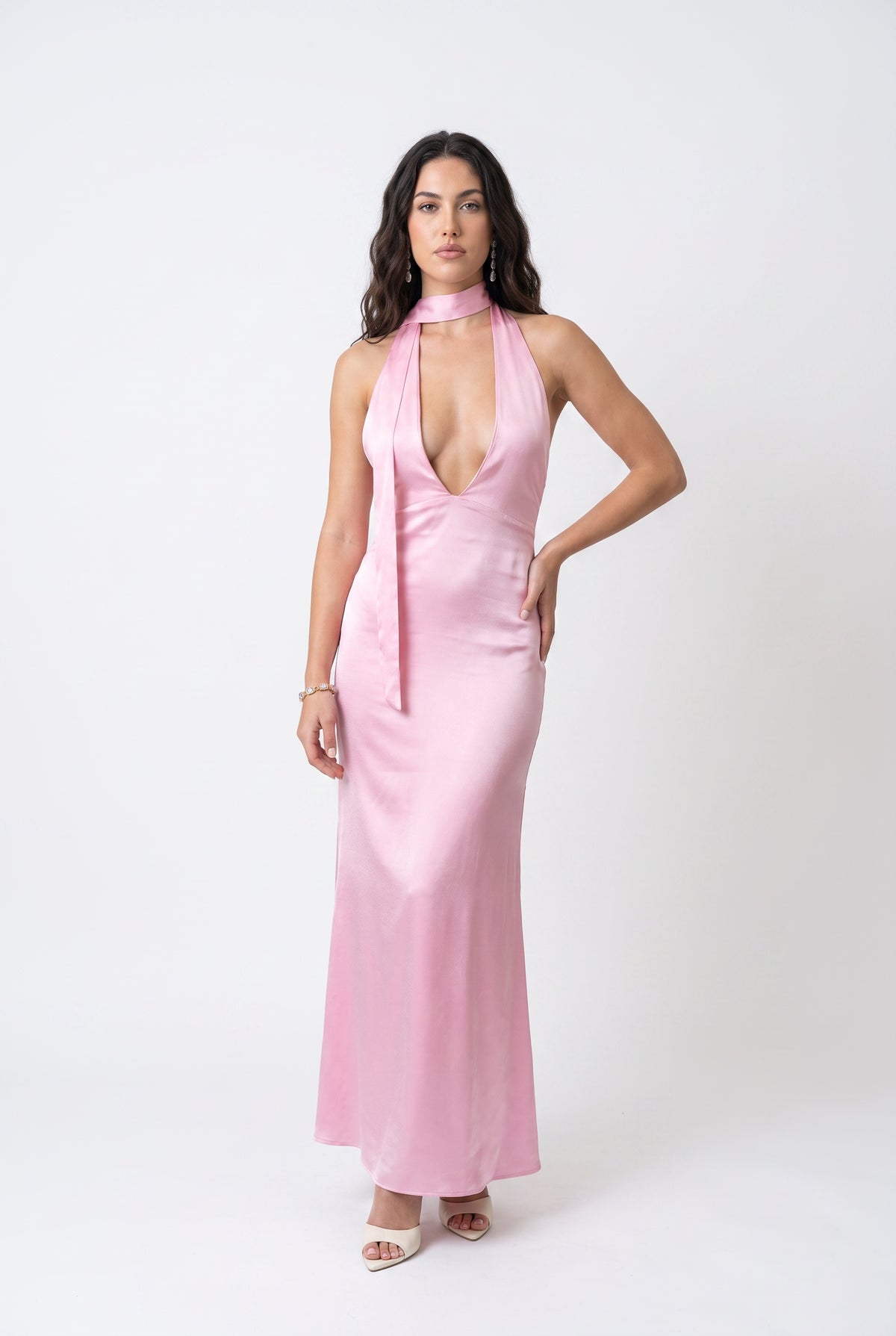 Pink Satin Backless Halter Maxi