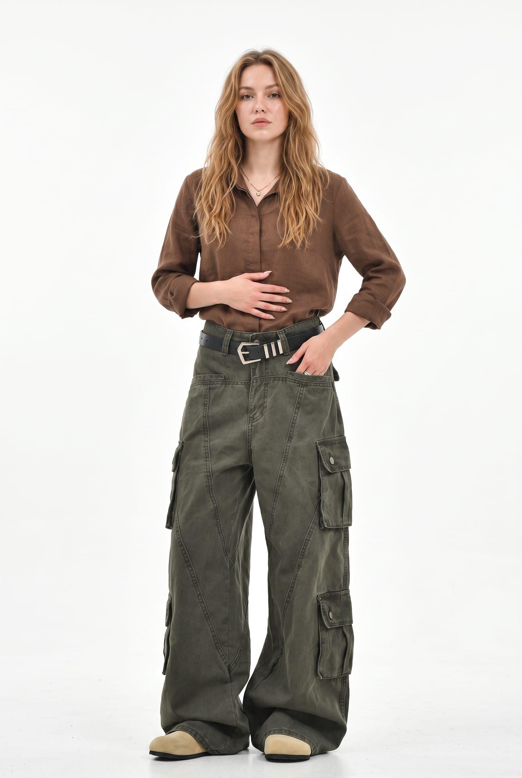 Olive Green Wide Leg Cargo Trousers