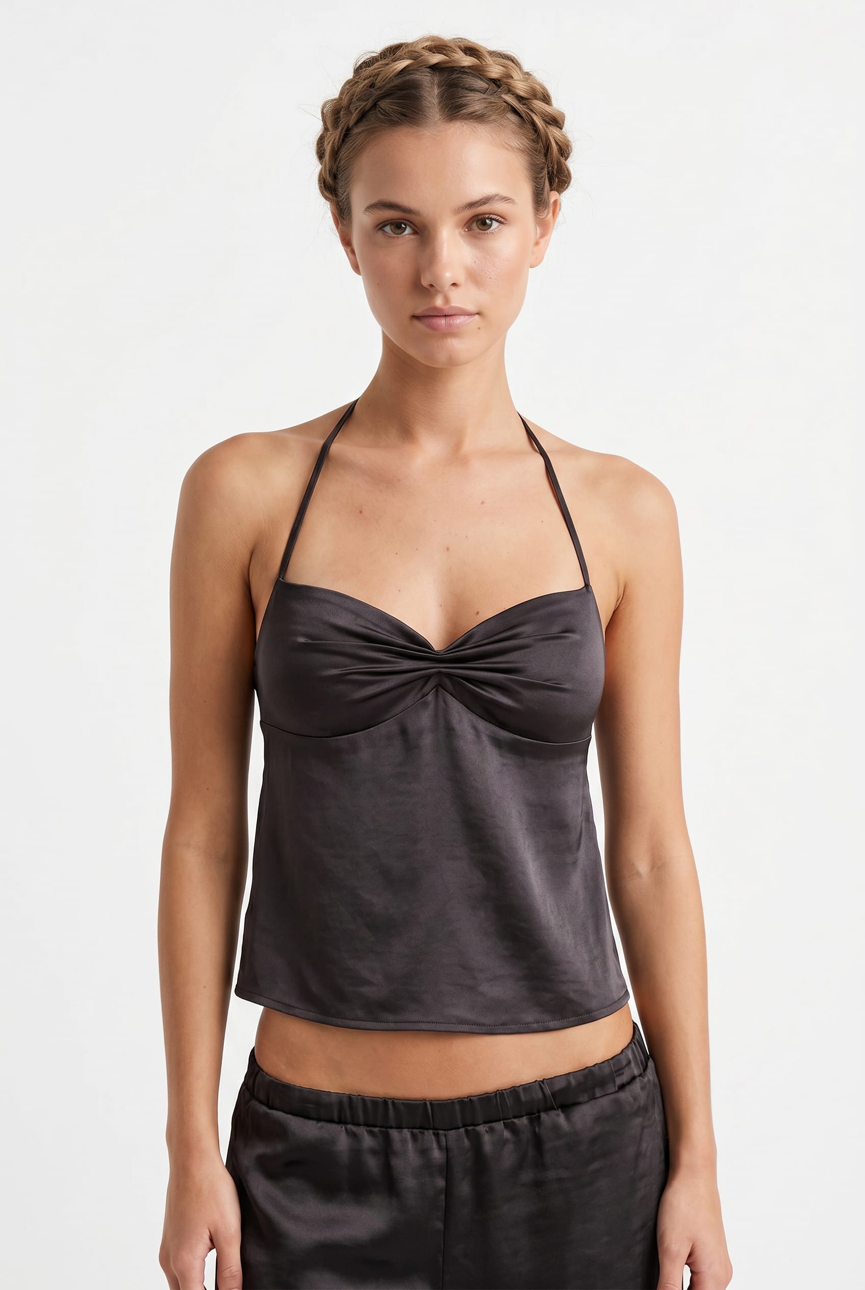 Black Satin Halter Twist Front Top