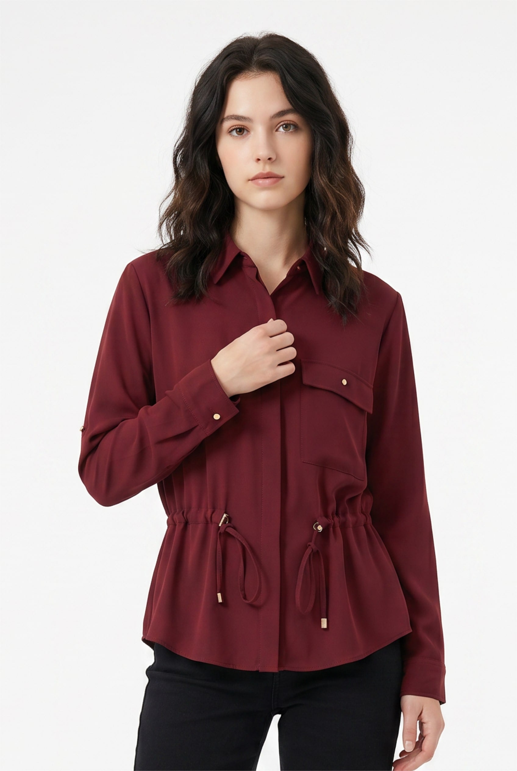 Burgundy Drawstring Waist Utility Shirt Jacket