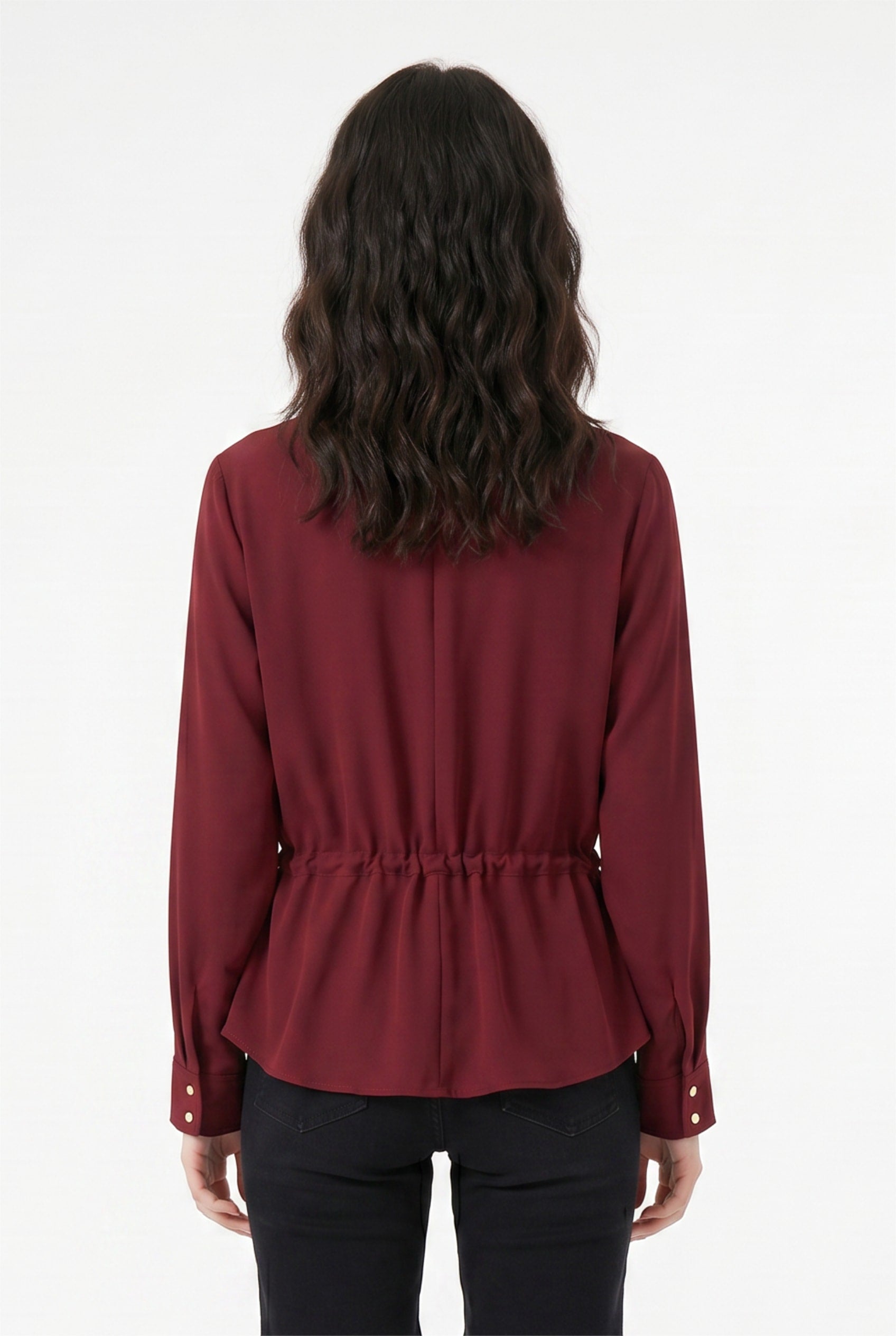 Burgundy Drawstring Waist Utility Shirt Jacket