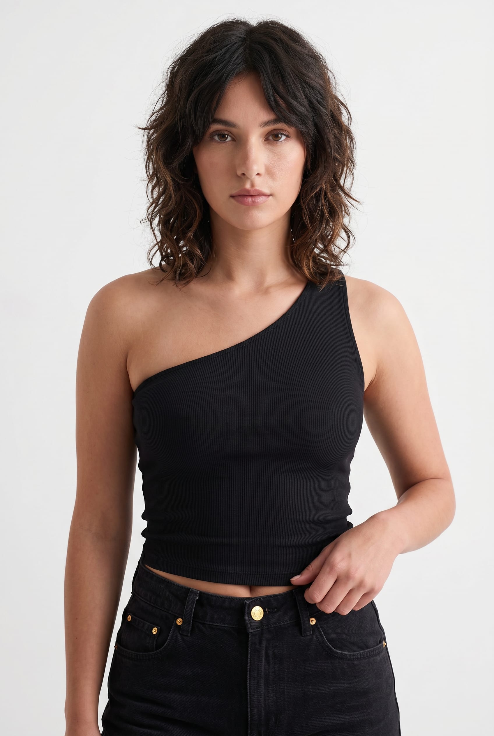 Black Ribbed One Shoulder Crop Top