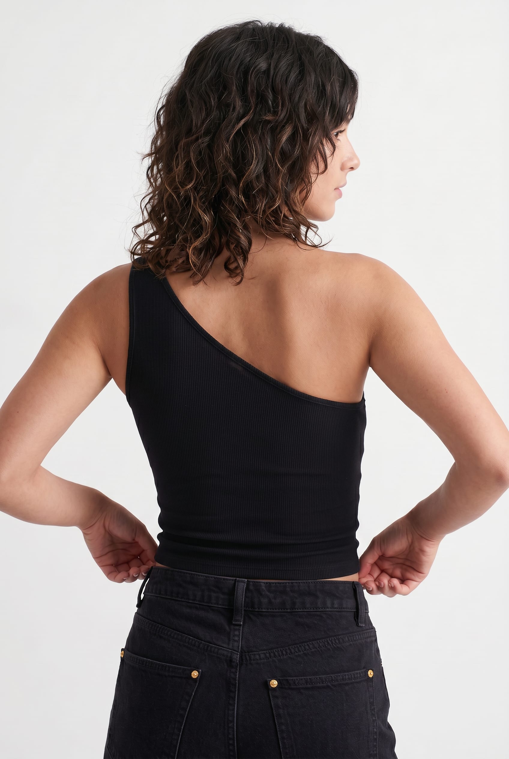 Black Ribbed One Shoulder Crop Top