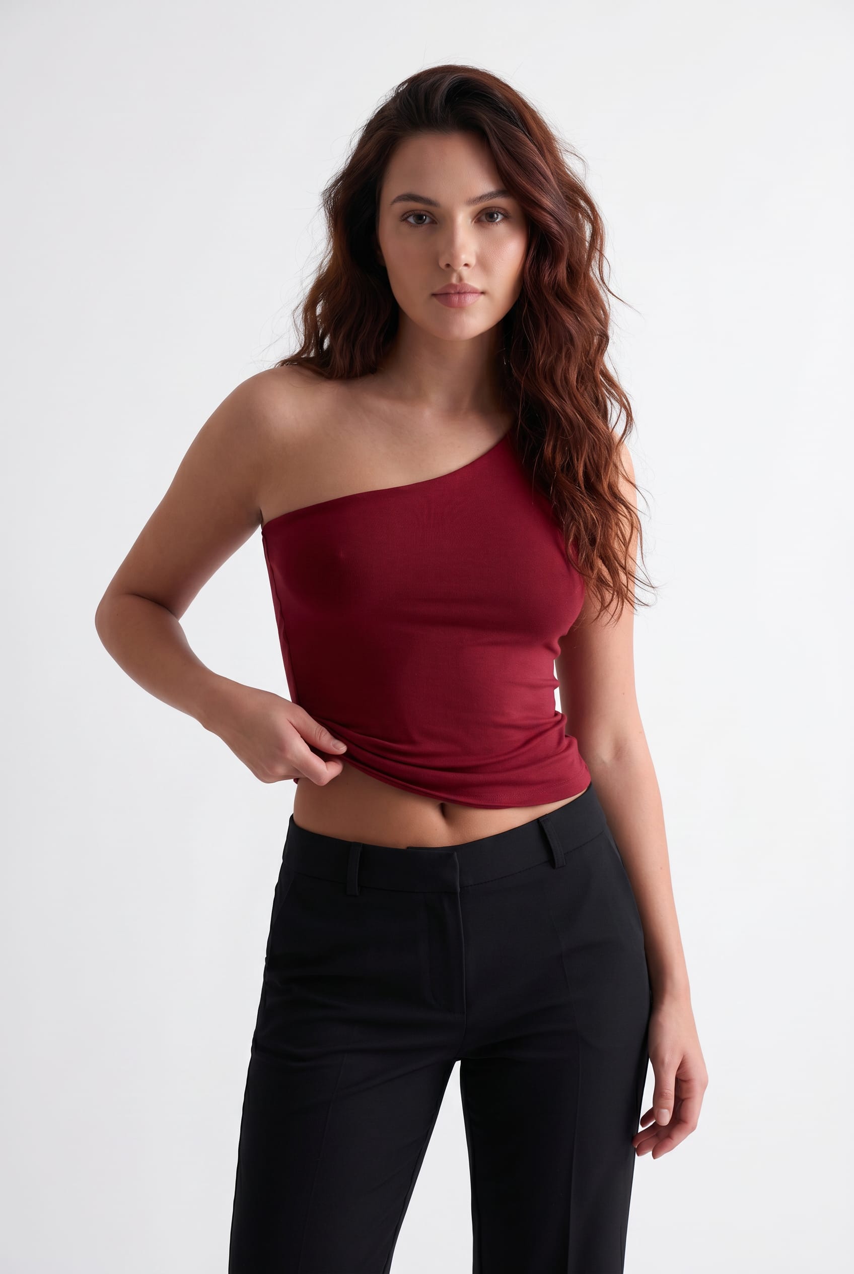 Burgundy One-Shoulder Cropped Top