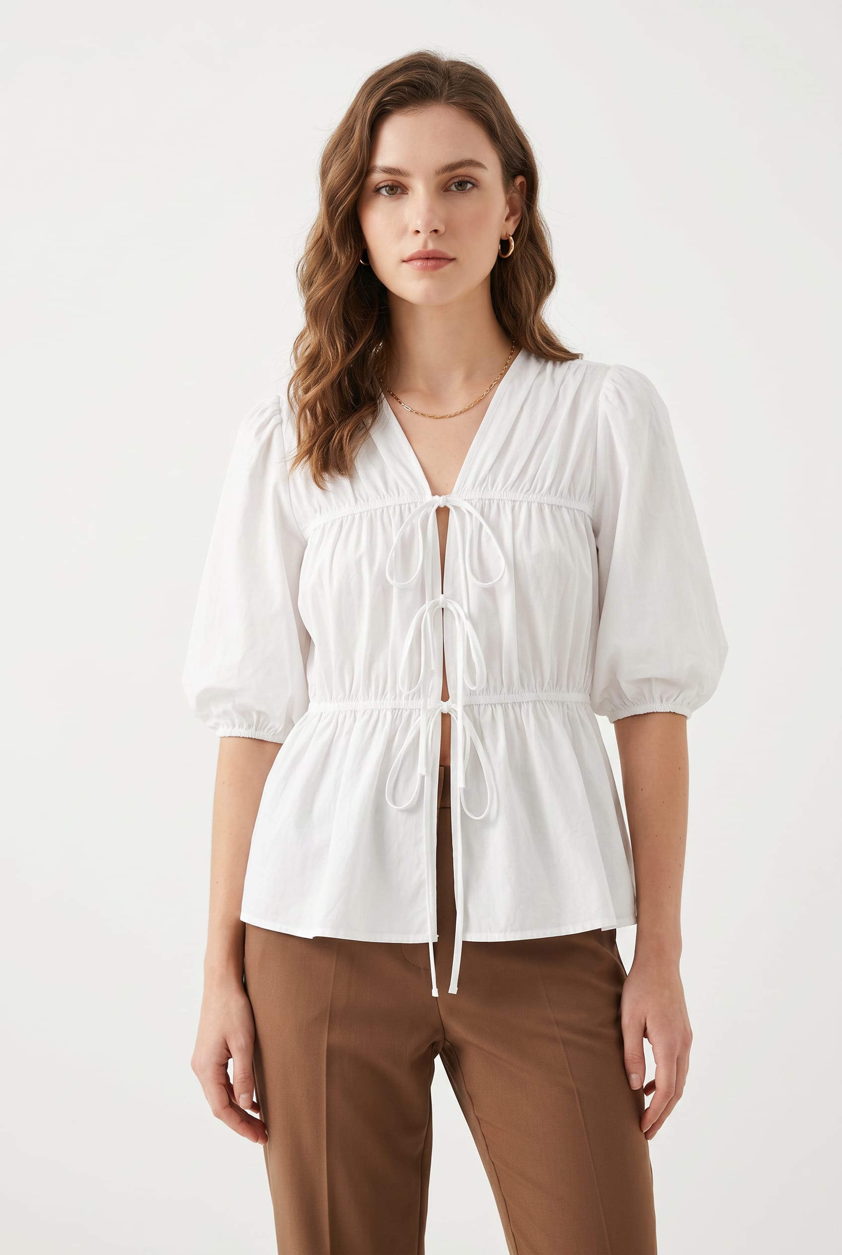 White Tie-Front Puff Sleeve Blouse