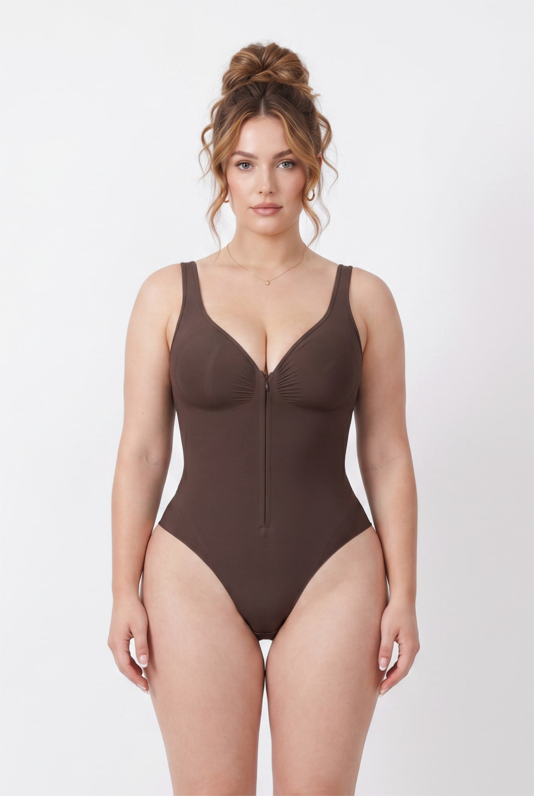 Chocolate Brown Zip-Front Shaping Bodysuit