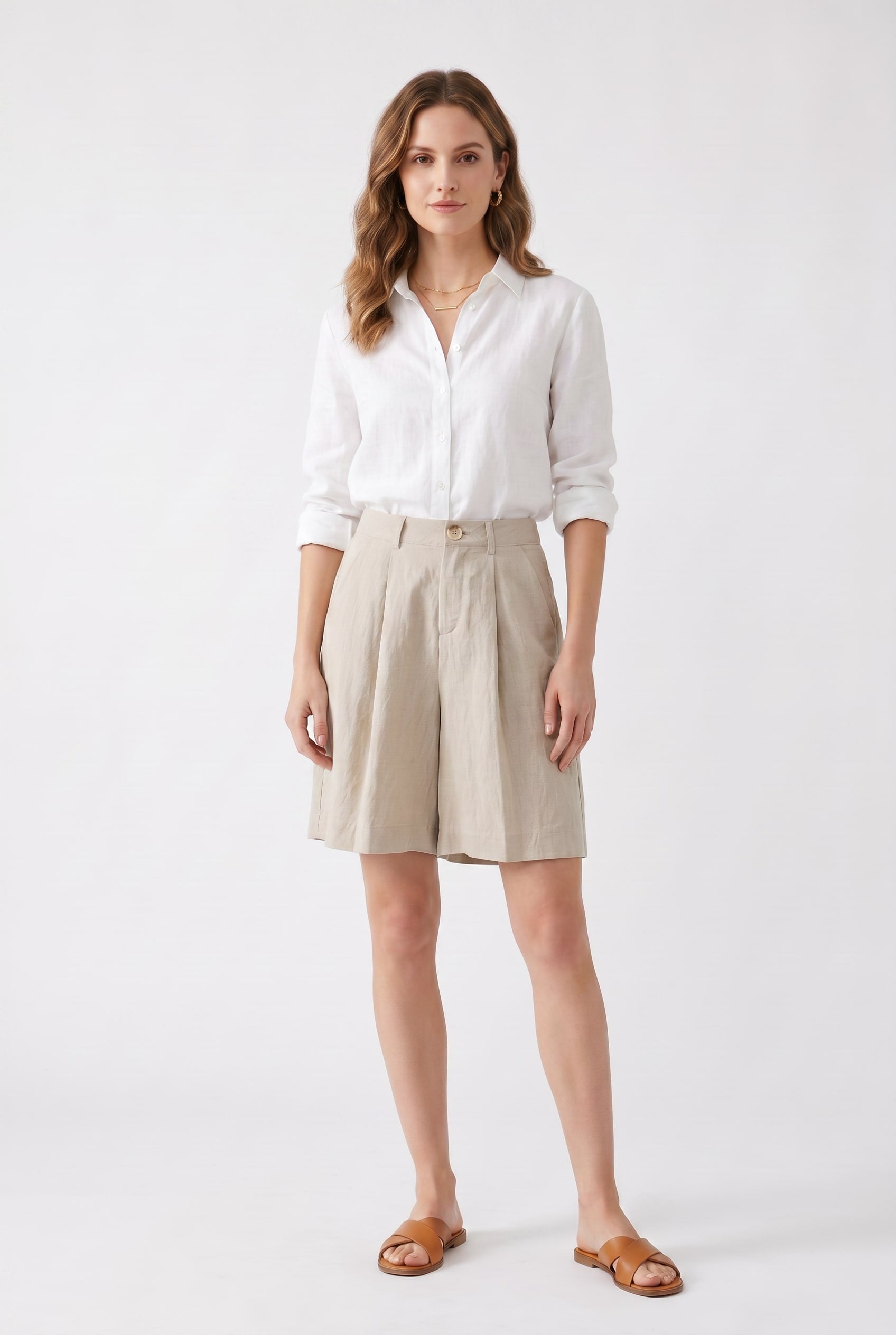 Natural Linen Pleated Bermuda Shorts