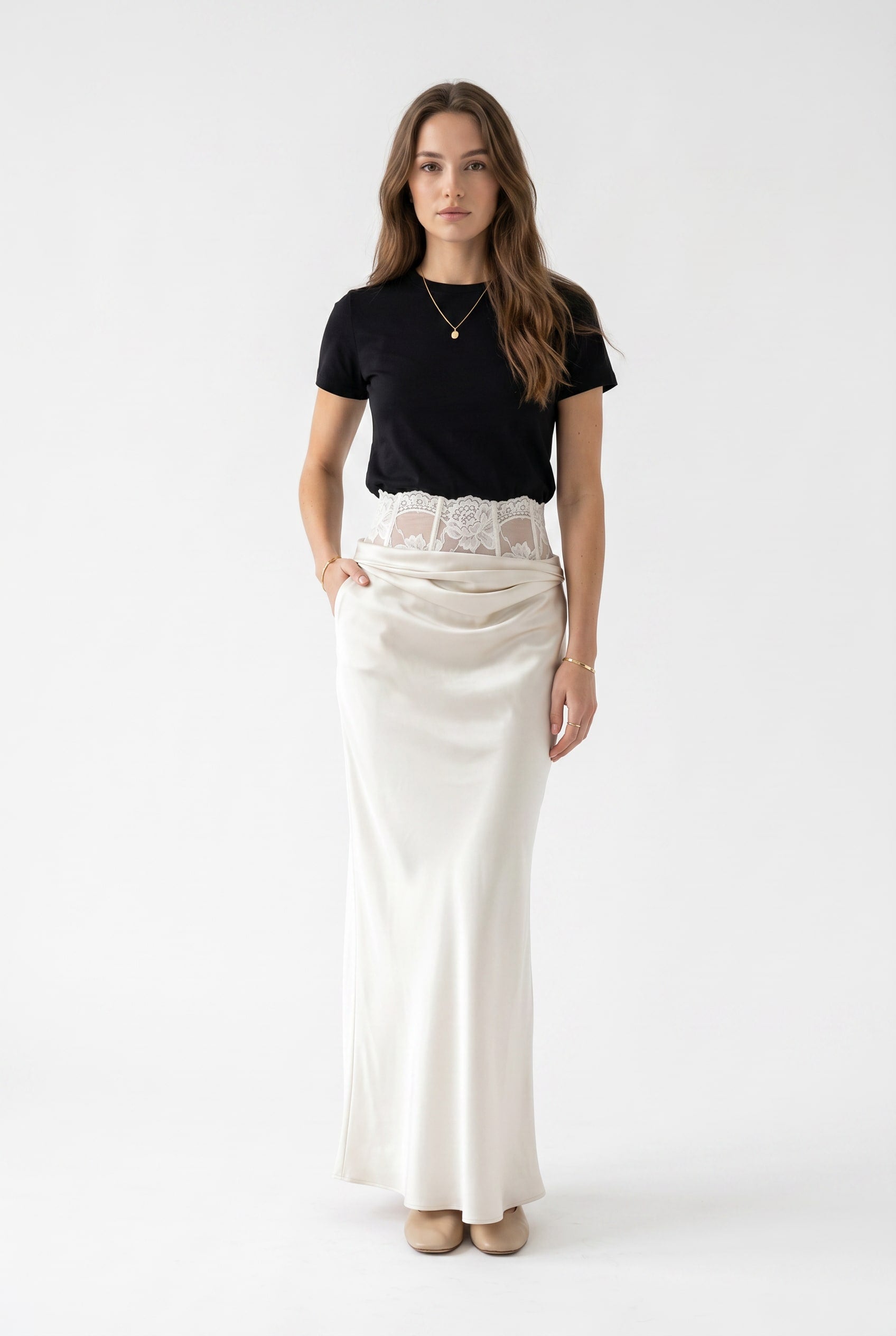 Ivory Satin Bias-Cut Maxi Skirt