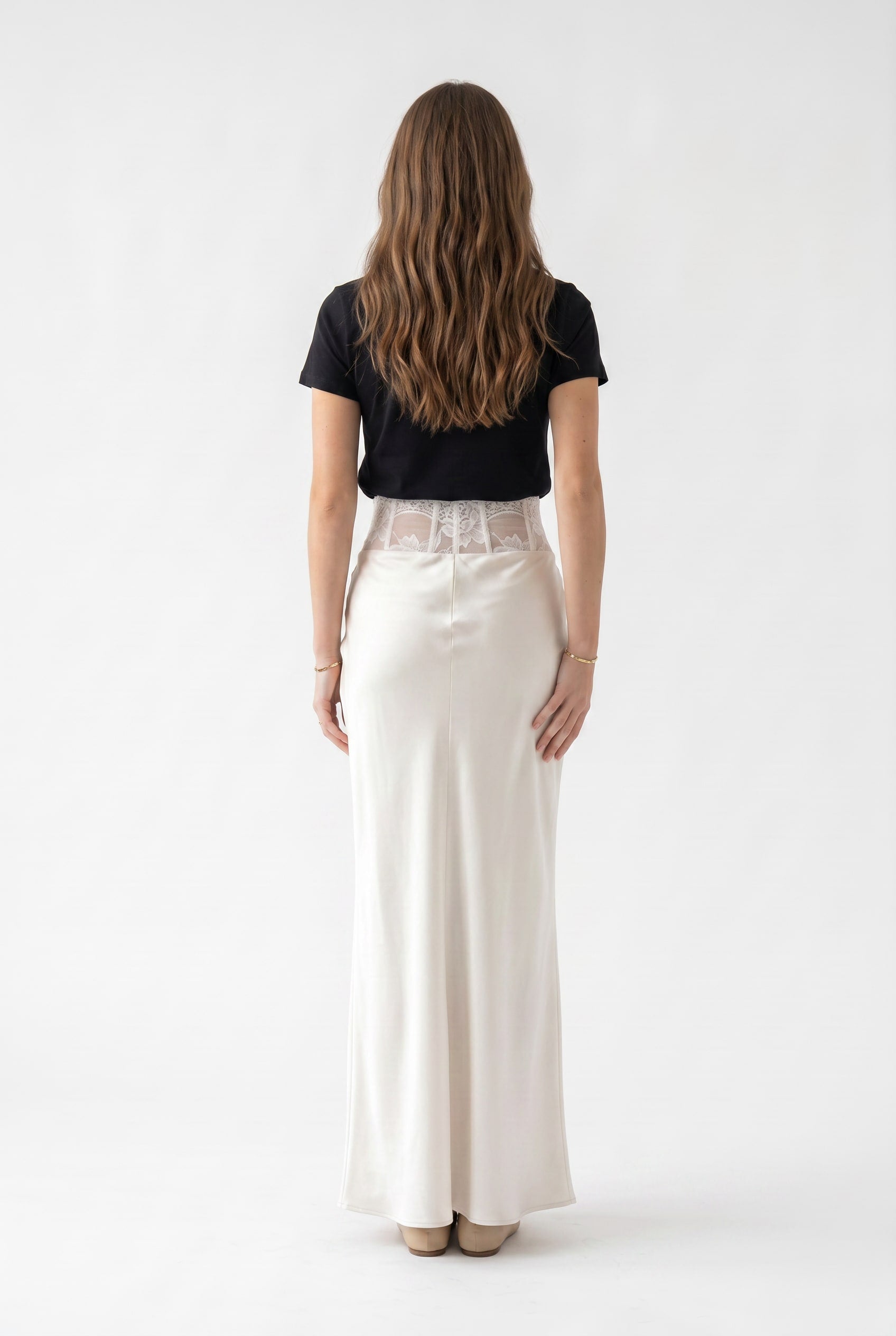 Ivory Satin Bias-Cut Maxi Skirt