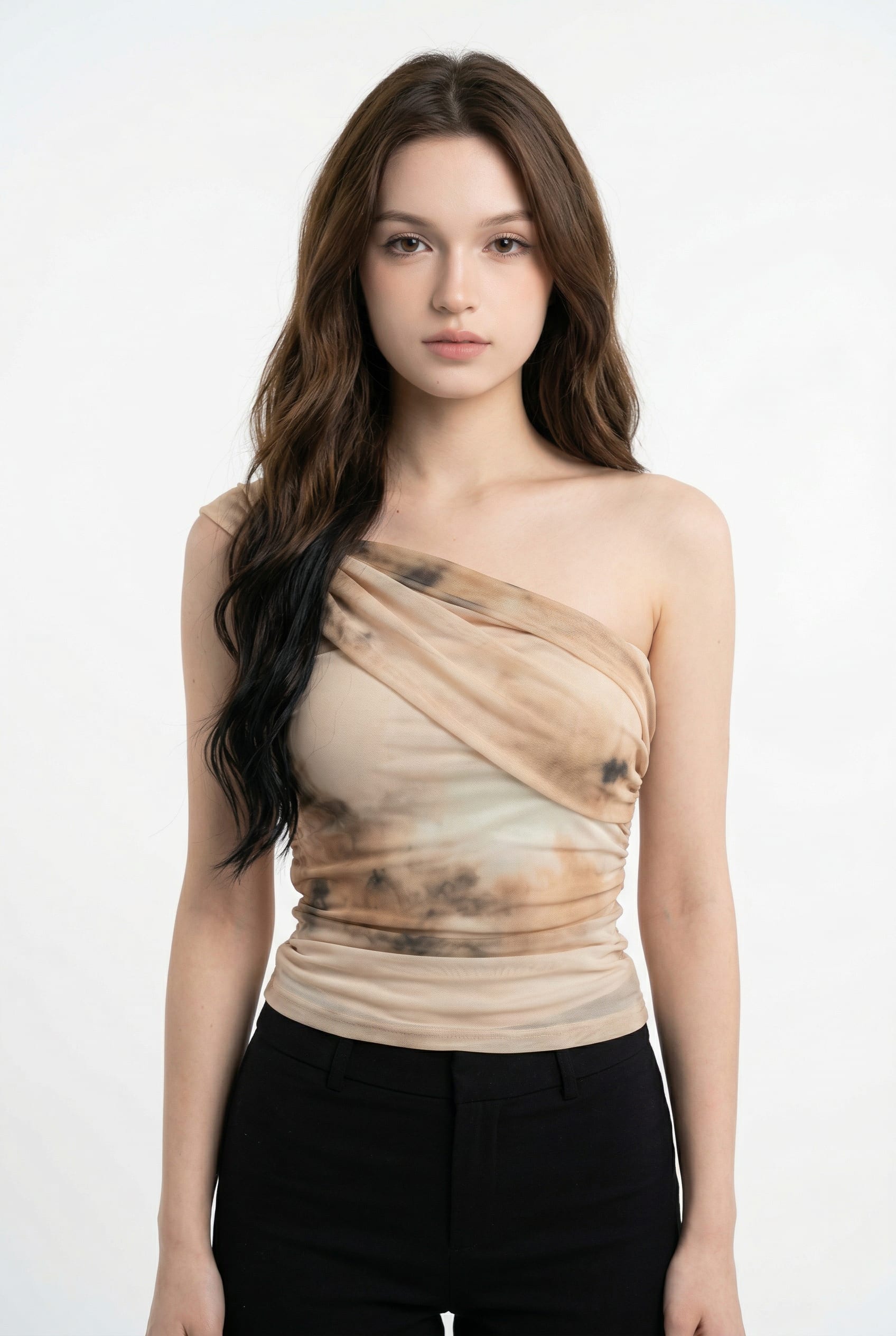 Beige Tie-Dye One-Shoulder Fitted Top