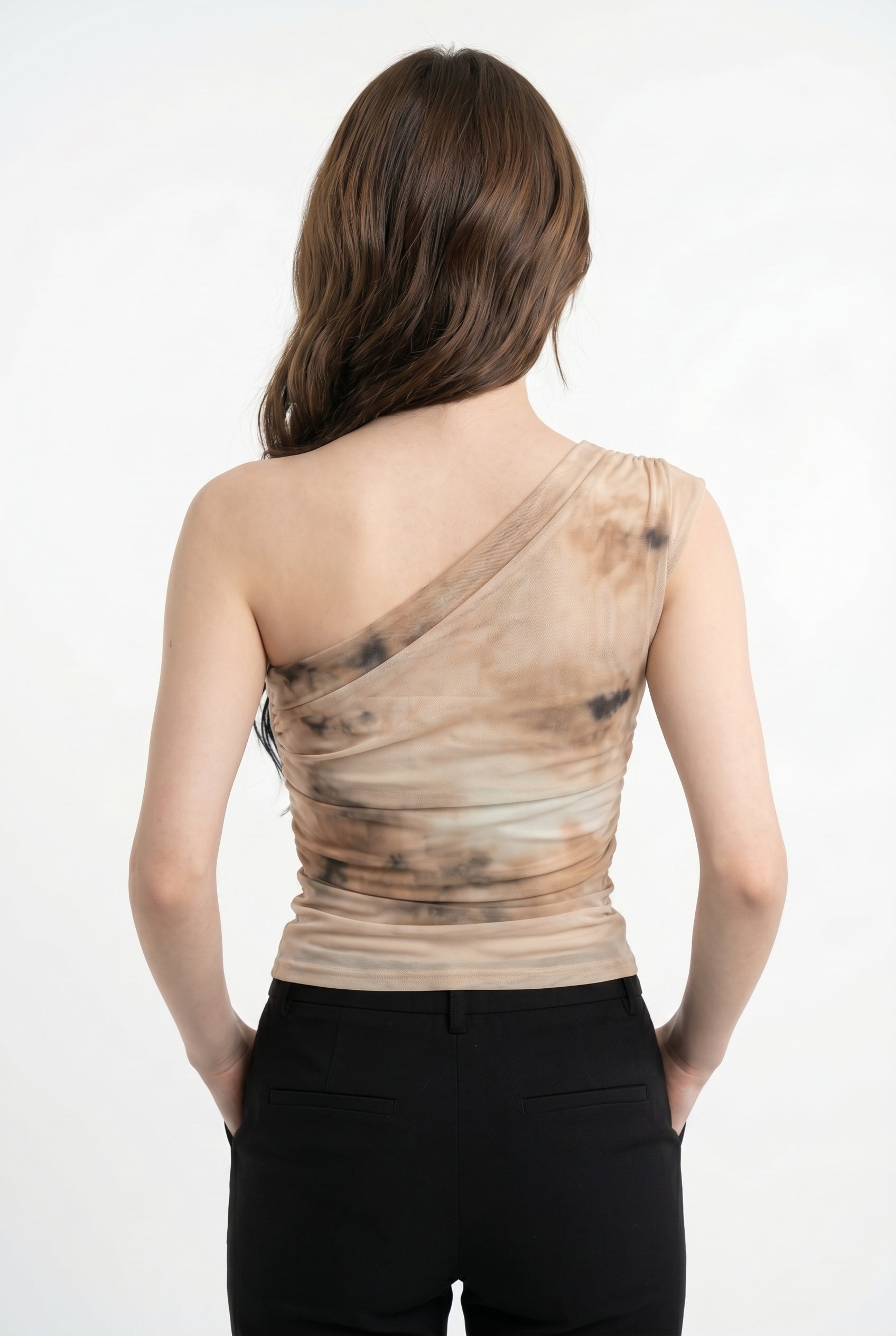 Beige Tie-Dye One-Shoulder Fitted Top