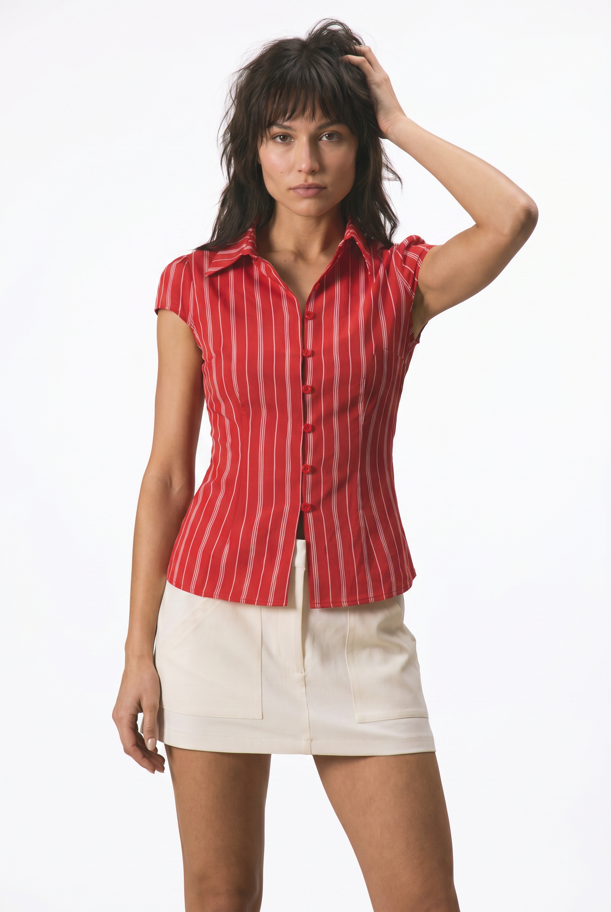 Red Striped Cap Sleeve Shirt