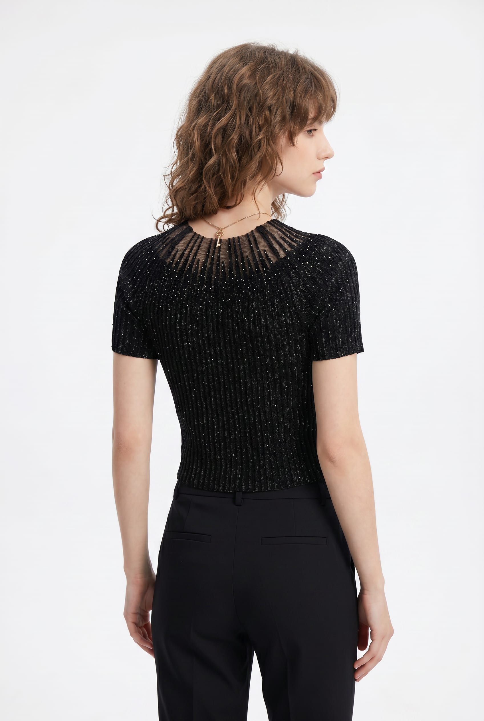Black Sparkle Sheer Panel Pleated Top