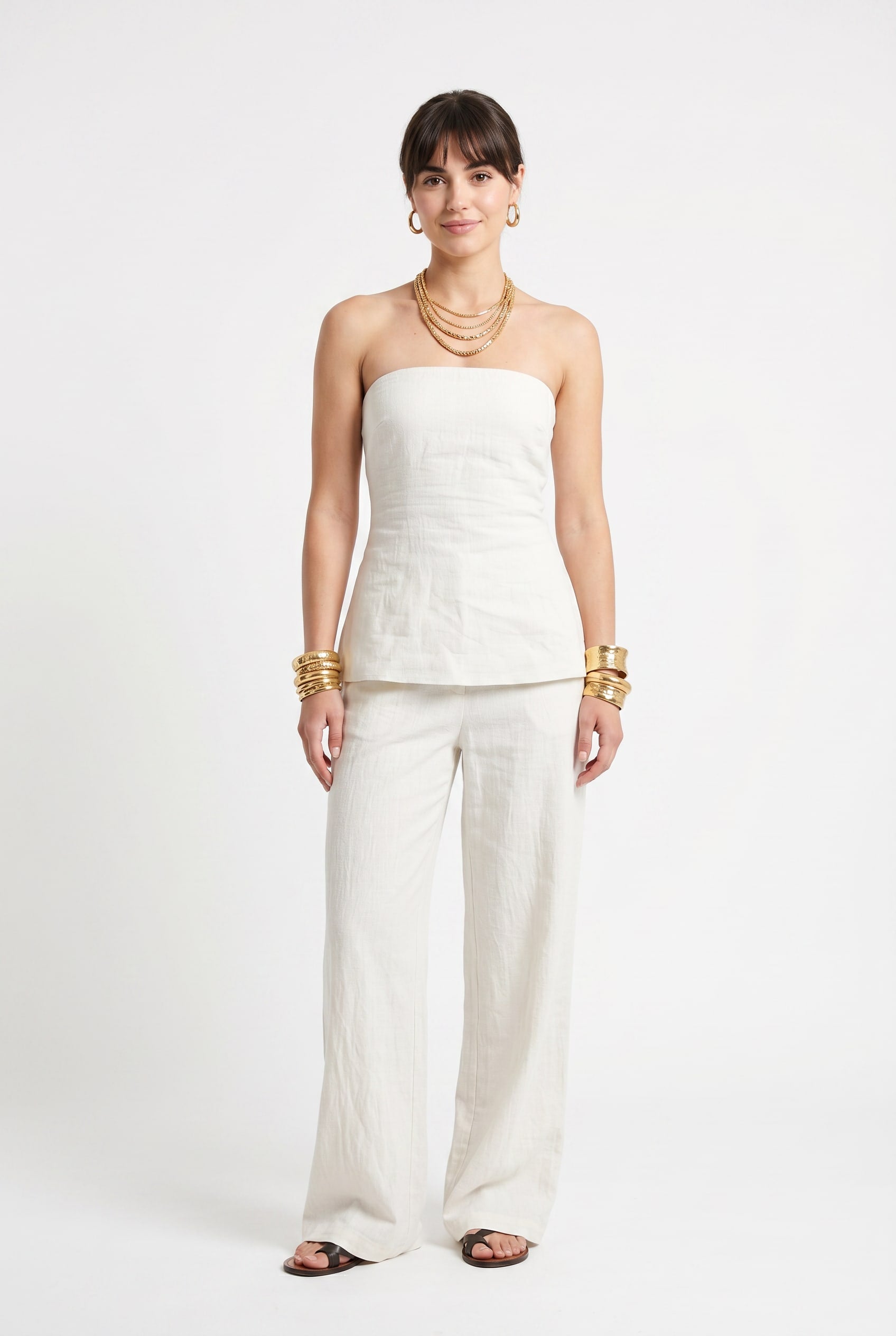 White Linen Strapless Peplum Top